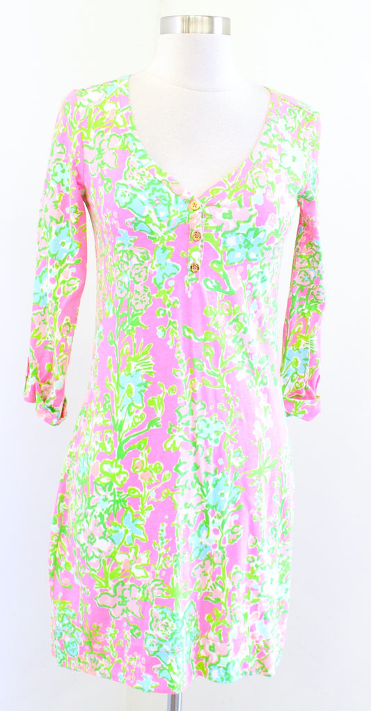 Lilly Pulitzer Palmetto V Neck T Shirt Dress Flamingo Pink Southern Charm Sz XS