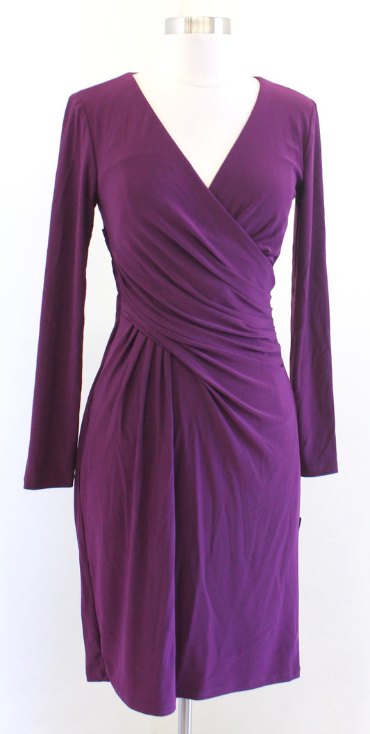 NWT Lauren Ralph Lauren Marsala Plum Ruched V Neck Wiggle Sheath Dress Size 2