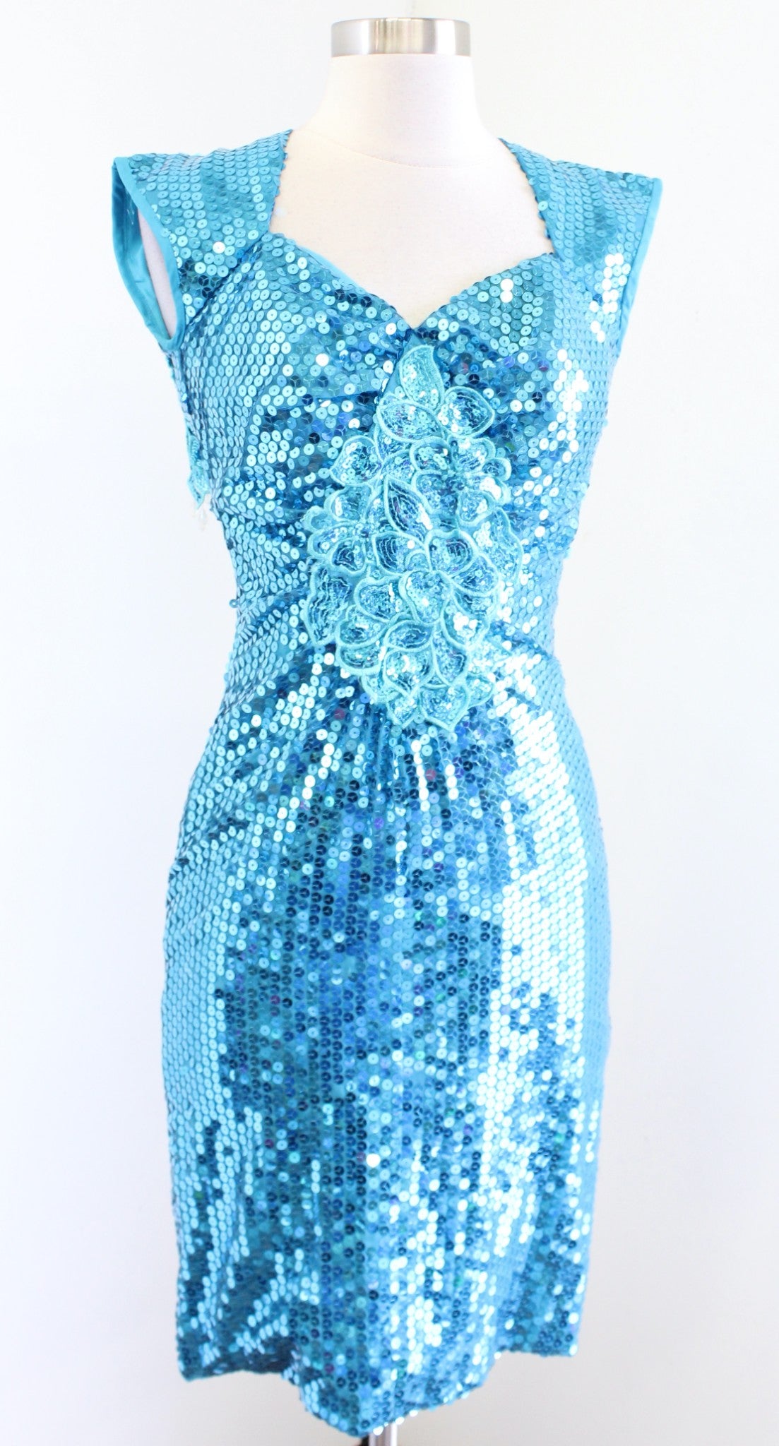 Vtg Alyce Designs Blue Sequin Beaded Fringe Open Back Party Dress Size 4 Flapper