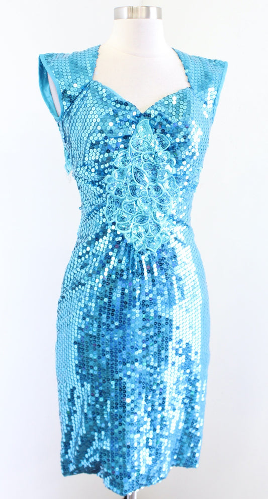 Vtg Alyce Designs Blue Sequin Beaded Fringe Open Back Party Dress Size 4 Flapper