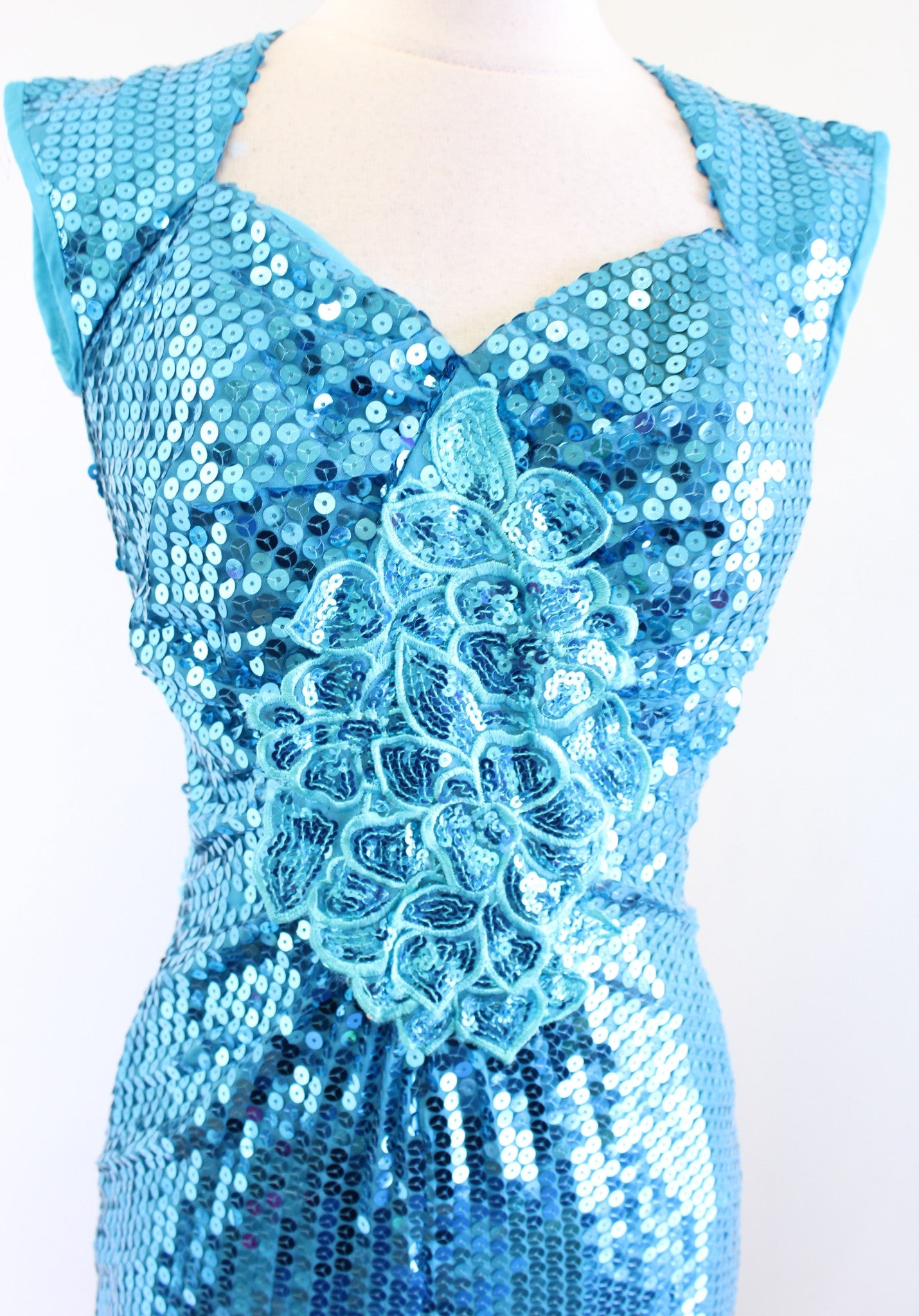 Vtg Alyce Designs Blue Sequin Beaded Fringe Open Back Party Dress Size 4 Flapper
