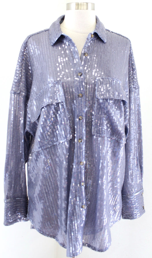 NWT Pilcro Anthropologie Dusty Blue - Purple Sequin Button Front Shirt Blouse S