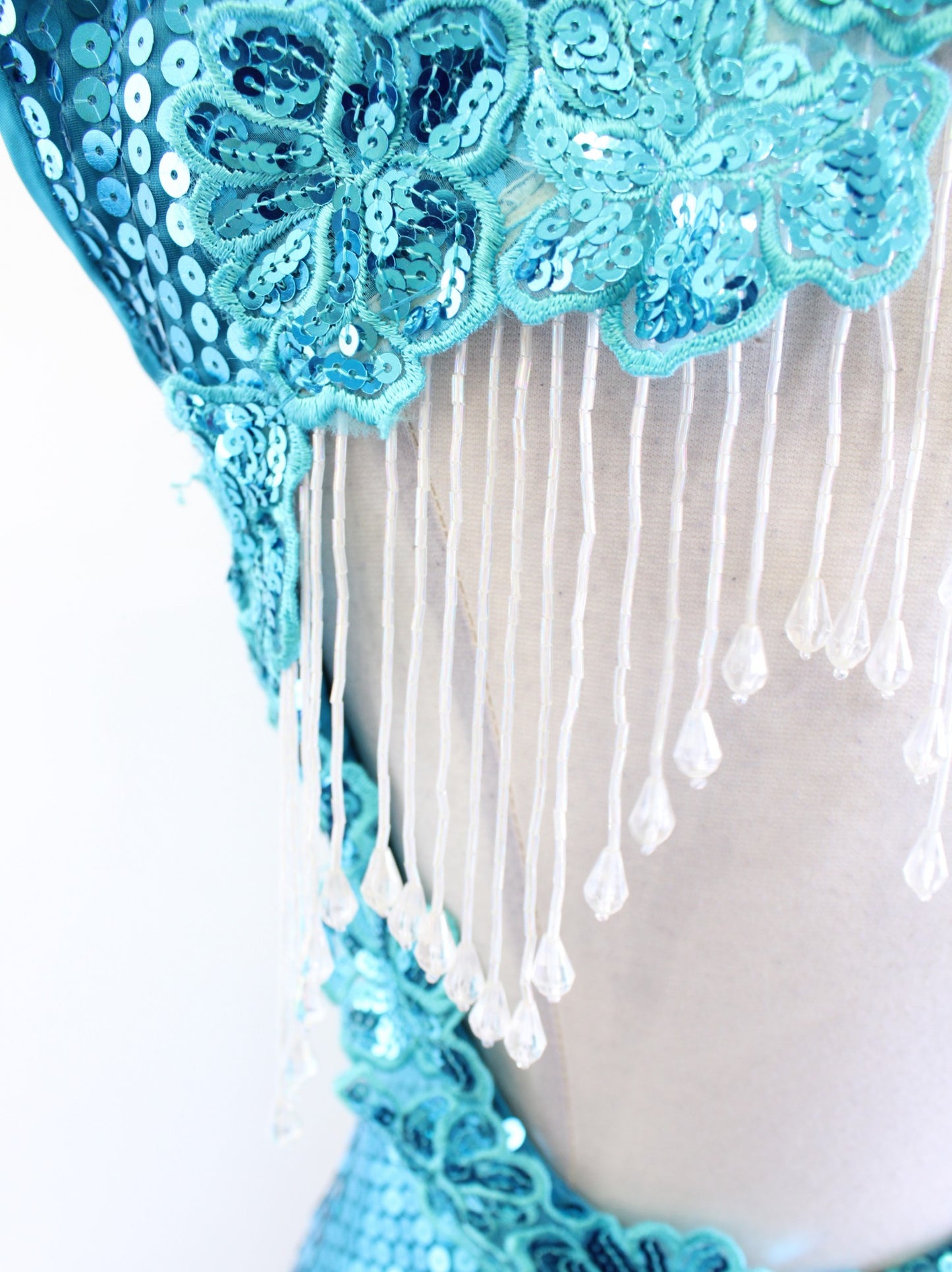 Vtg Alyce Designs Blue Sequin Beaded Fringe Open Back Party Dress Size 4 Flapper