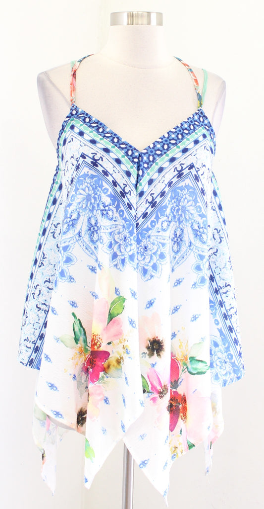 Aratta Silent Journey Floral Handkerchief Asymmetrical Hem Tank Top Blouse Sz XS