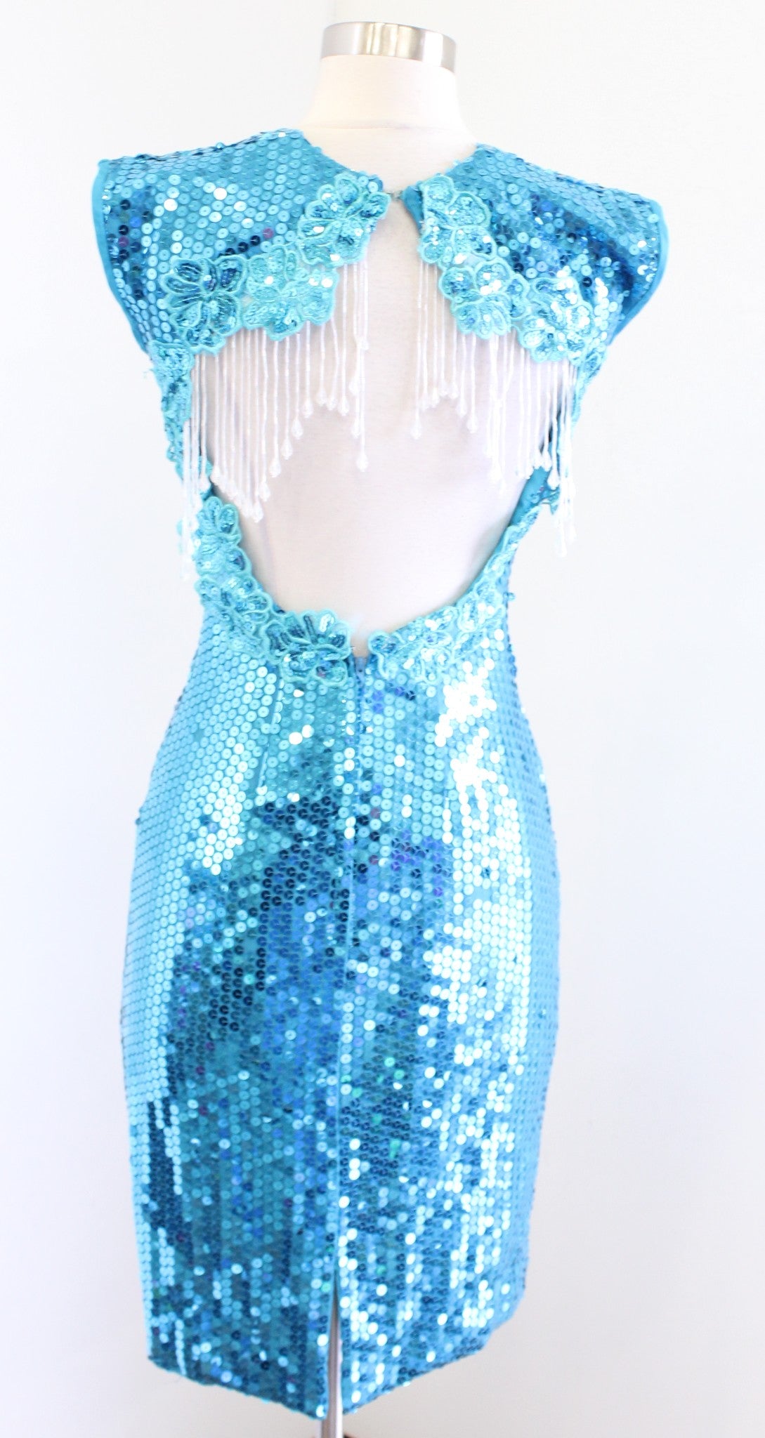 Vtg Alyce Designs Blue Sequin Beaded Fringe Open Back Party Dress Size 4 Flapper