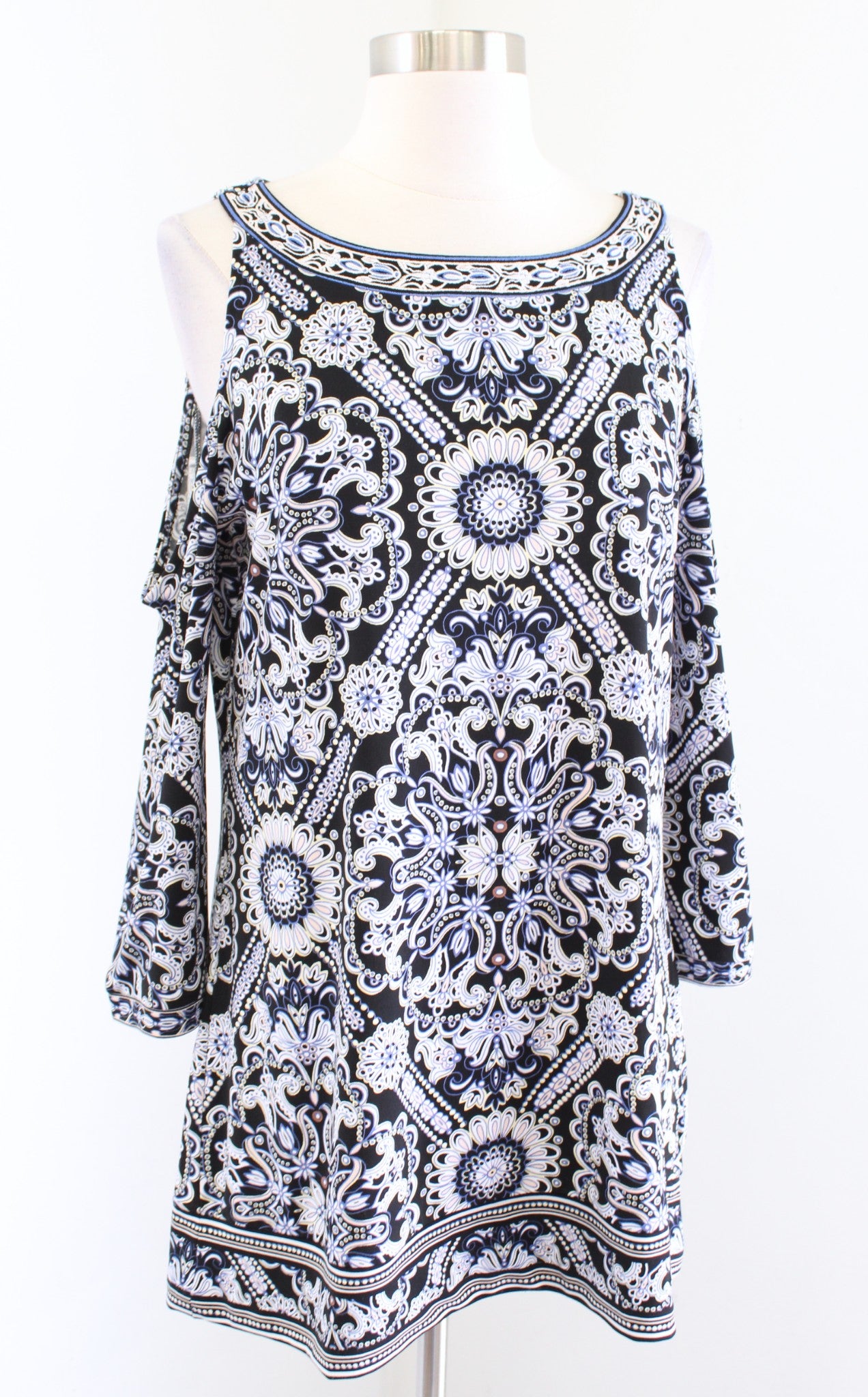 White House Black Market Blue Geometric Print Cold Shoulder Tunic Top Blouse M