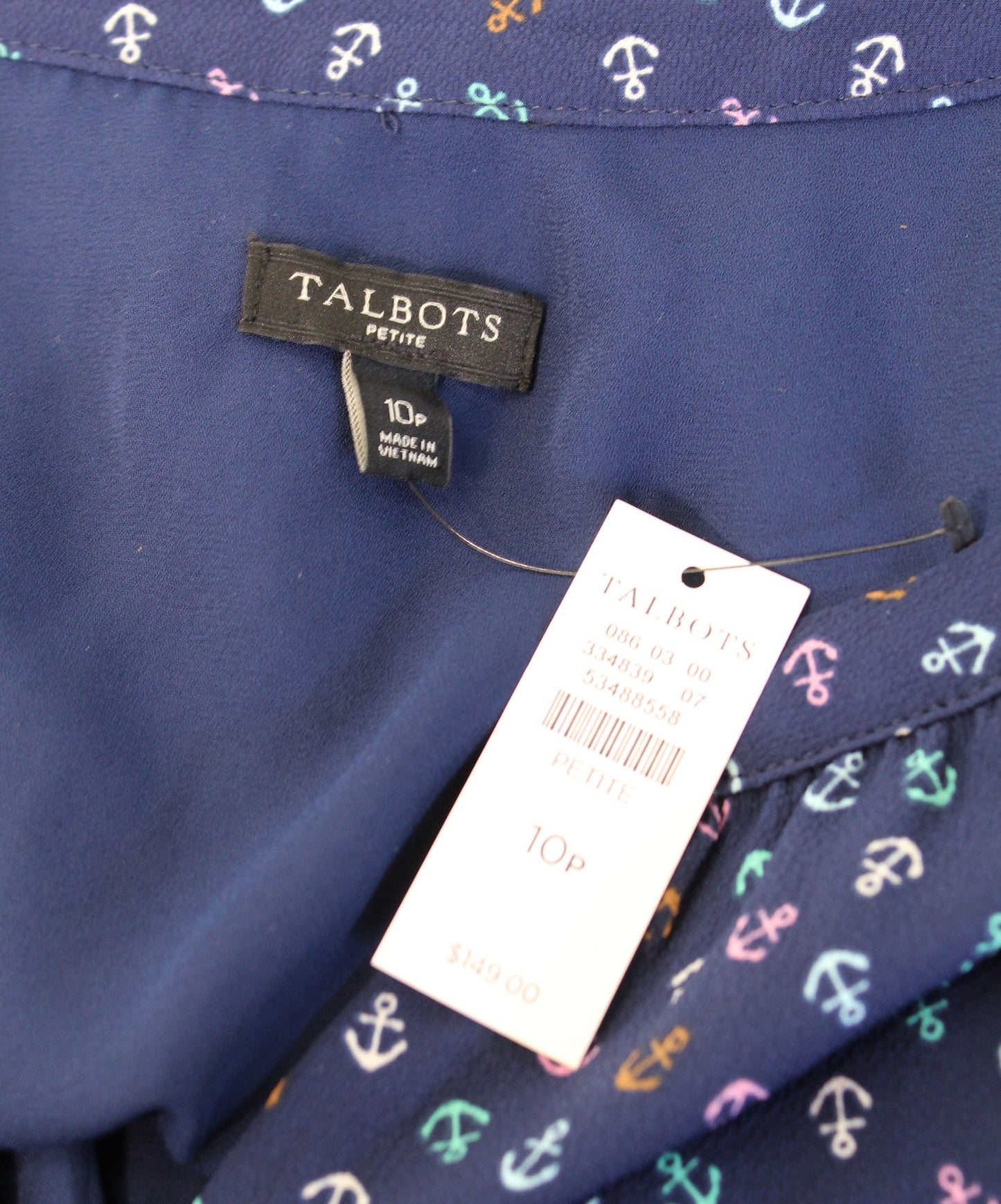 NWT Talbots Navy Blue Nautical Anchor Print Tie Waist Flounce Dress Size 10P
