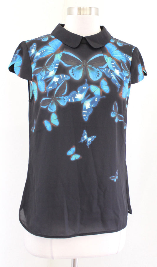 Ted Baker Nealie Black Blue Butterfly Print Collared Cap Sleeve Top Blouse Sz 2
