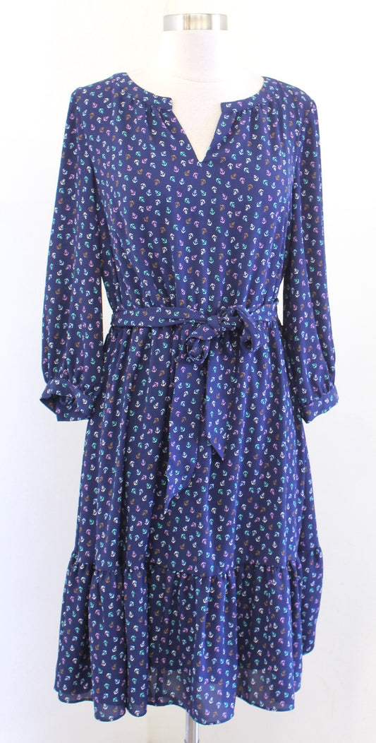 NWT Talbots Navy Blue Nautical Anchor Print Tie Waist Flounce Dress Size 10P