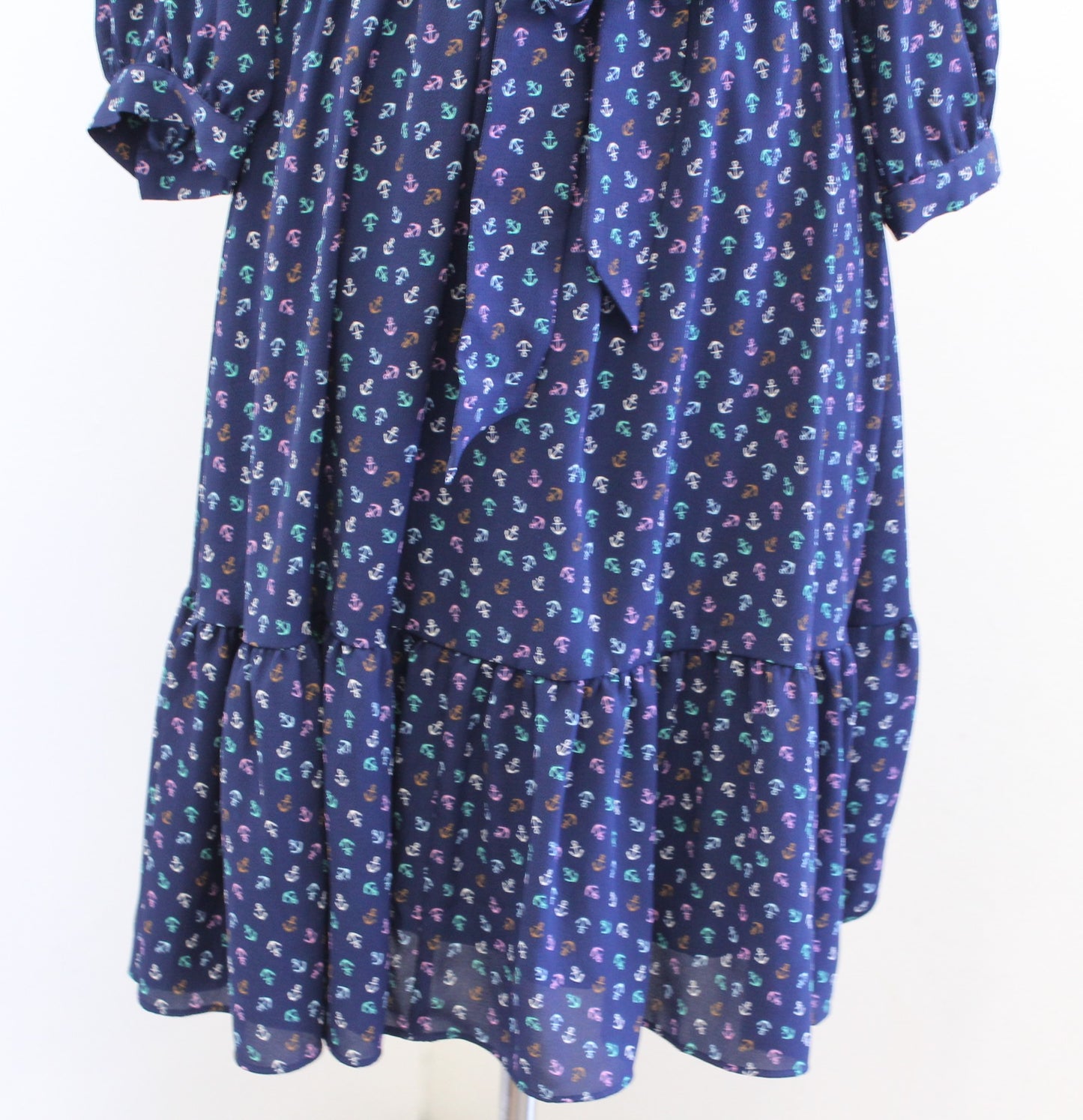 NWT Talbots Navy Blue Nautical Anchor Print Tie Waist Flounce Dress Size 10P