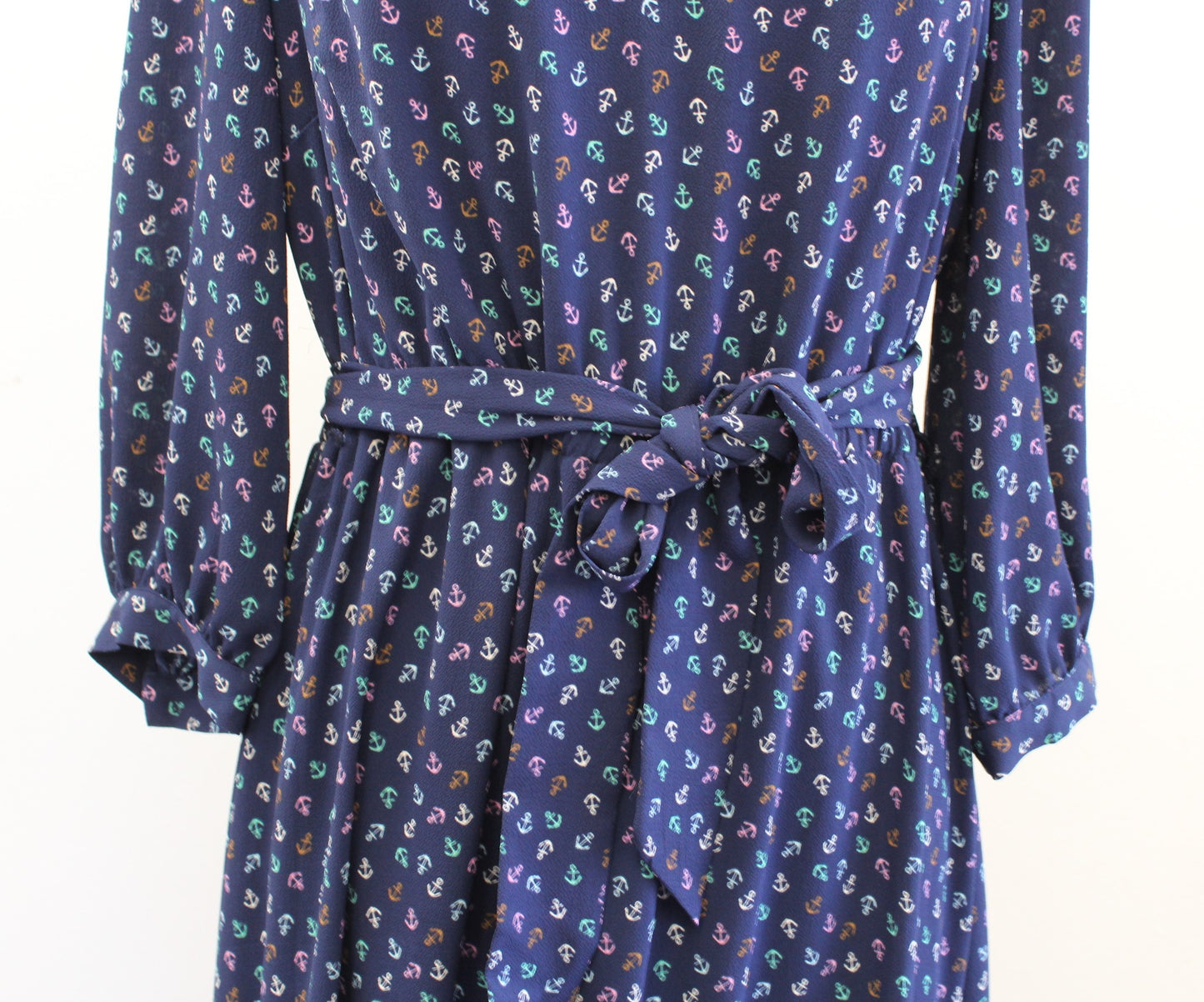 NWT Talbots Navy Blue Nautical Anchor Print Tie Waist Flounce Dress Size 10P