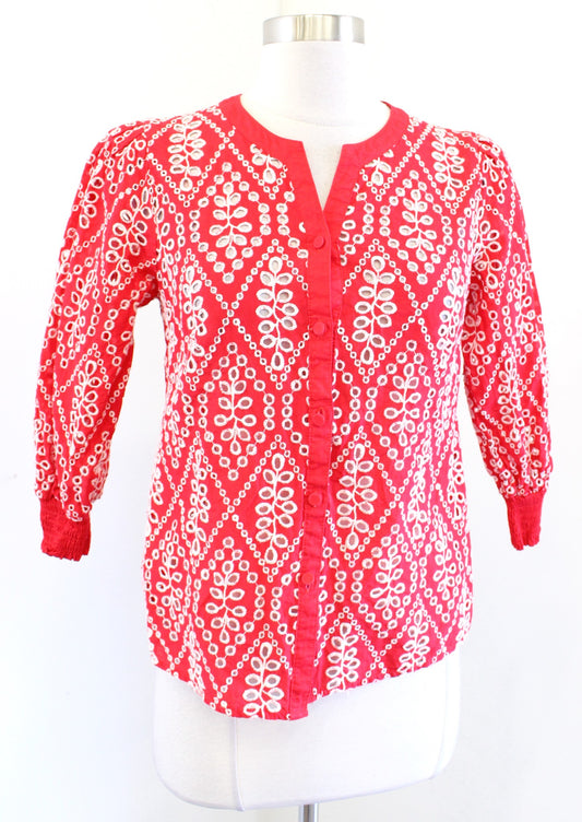 CAbi Lyric Red White Eyelet Embroidered Puff Sleeve Top Blouse Size XS 6203