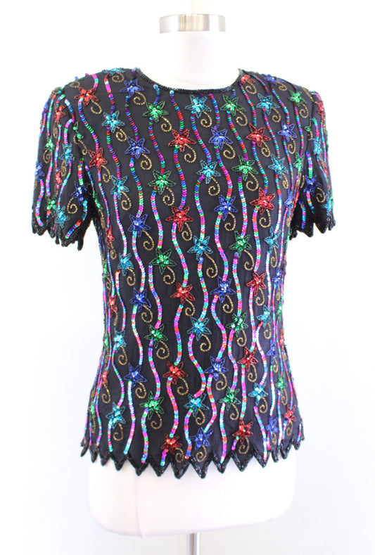 Vtg 90s Shooting Star Silk Beaded Sequin Evening Party Top Blouse Colorful PS SP