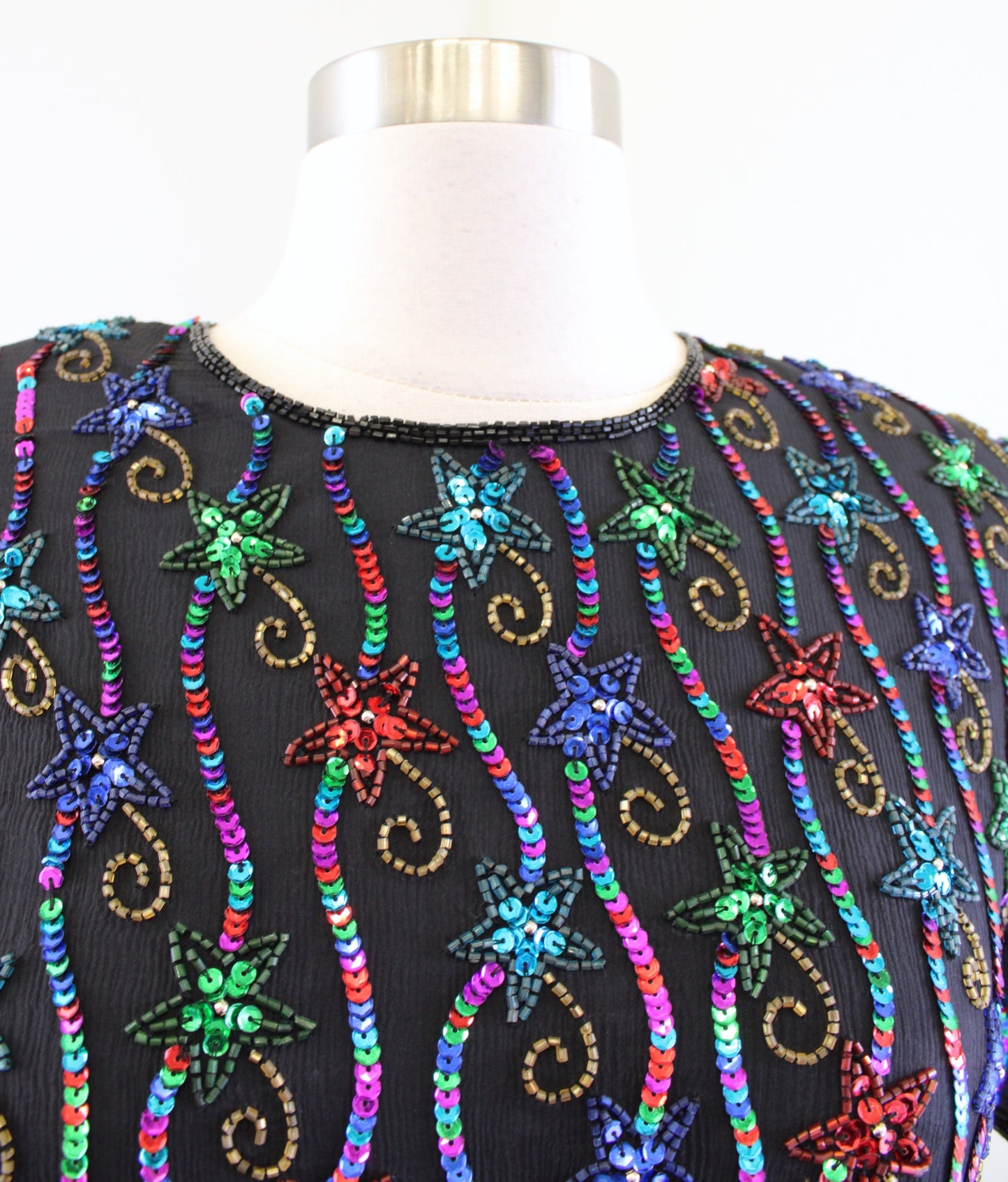 Vtg 90s Shooting Star Silk Beaded Sequin Evening Party Top Blouse Colorful PS SP