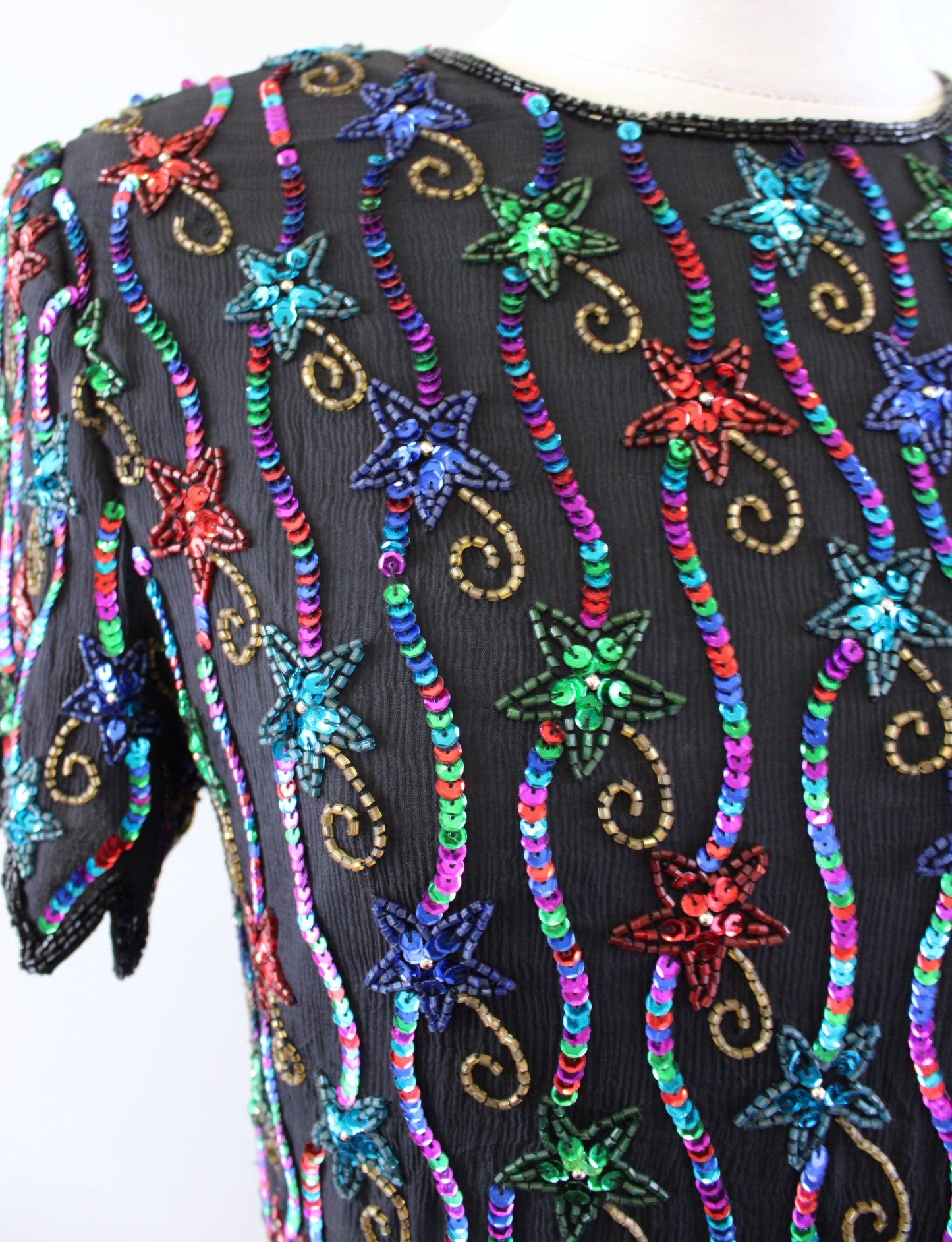 Vtg 90s Shooting Star Silk Beaded Sequin Evening Party Top Blouse Colorful PS SP