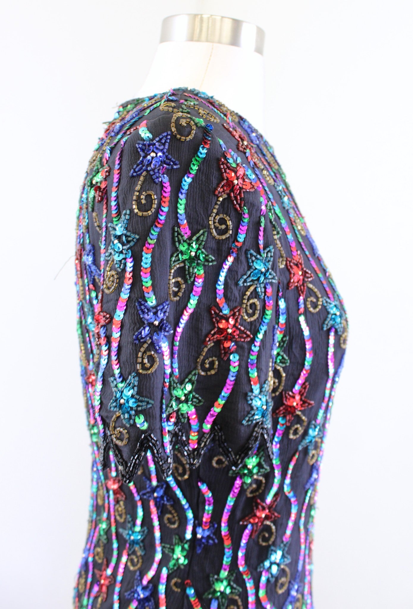 Vtg 90s Shooting Star Silk Beaded Sequin Evening Party Top Blouse Colorful PS SP