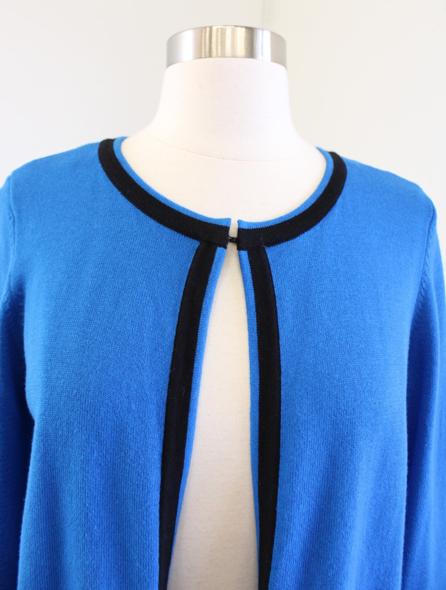 NWT Kasper Blue Black Trimmed Tie Cuff Cardigan Sweater Size S Career Office