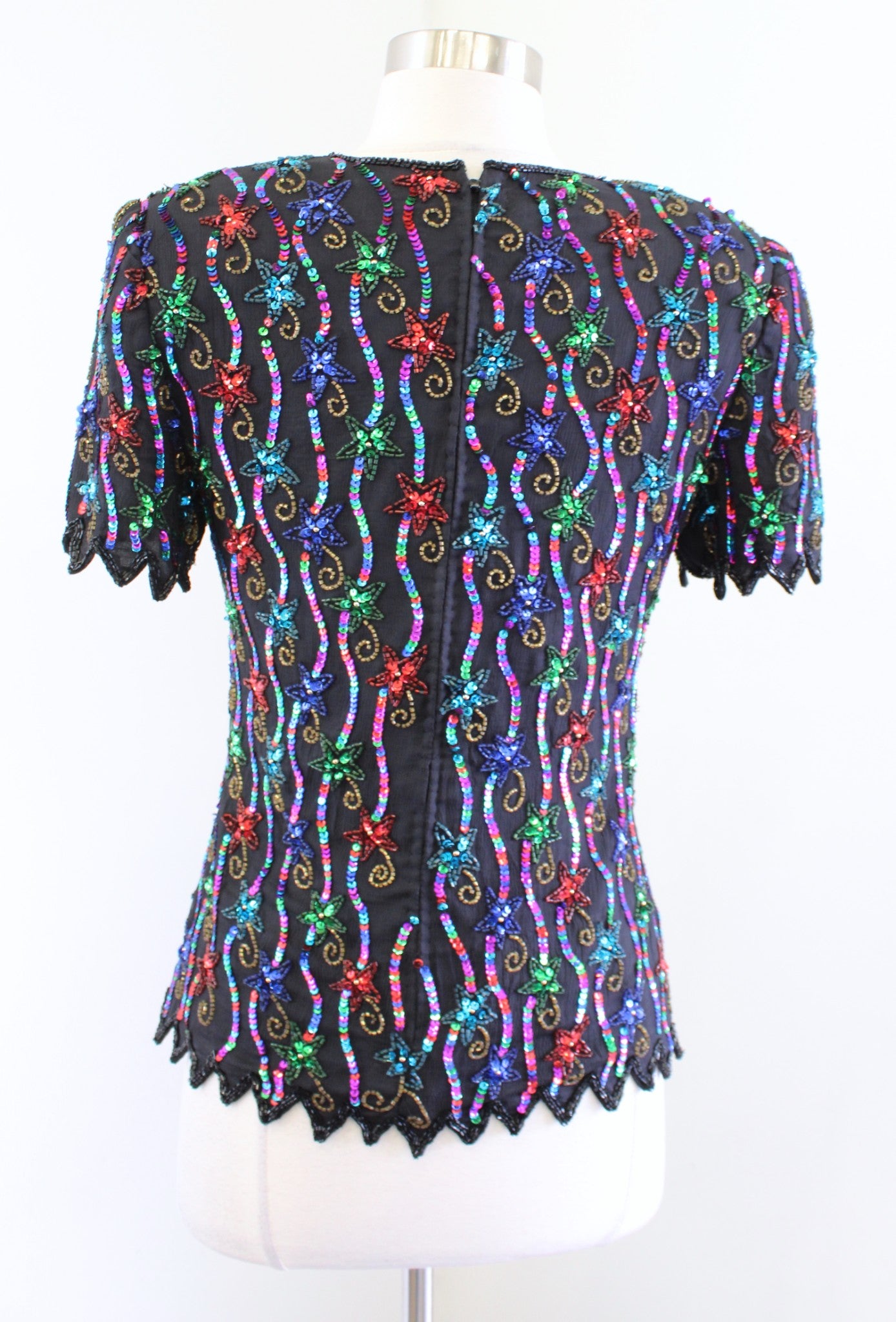 Vtg 90s Shooting Star Silk Beaded Sequin Evening Party Top Blouse Colorful PS SP
