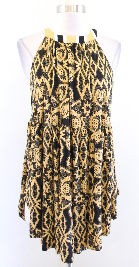 NWT Free People Mimi Hi Lo Halter Tunic Top Blouse Size S Yellow Black Geometric