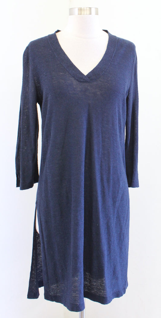 NWT $89 J Jill Navy Blue Split Side Linen Blend Tunic Sweater Top Size S V Neck