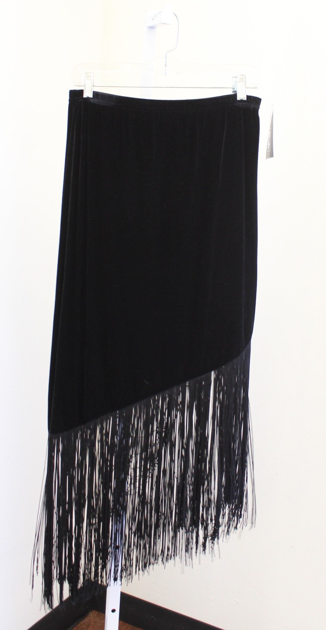 NWT Y2k 2000s Black Velvet Asymmetrical Fringe Midi Skirt Size L Deadstock Boho