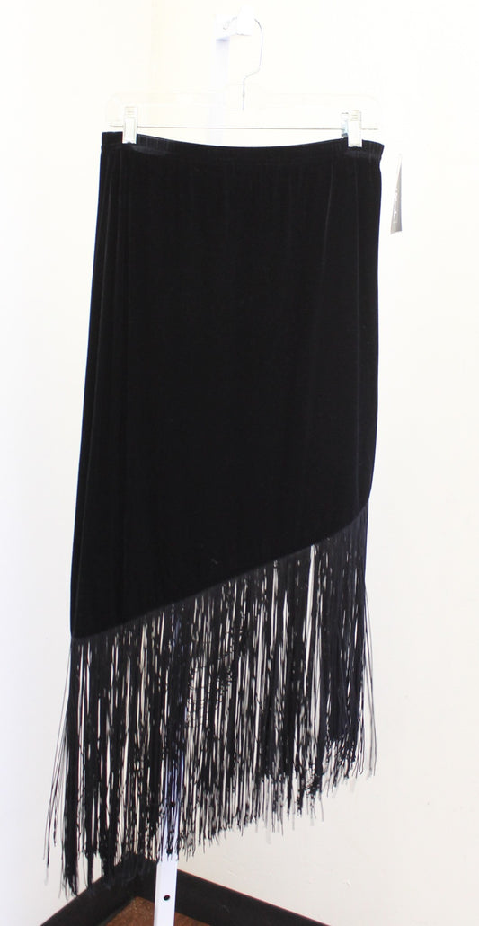 NWT Y2k 2000s Black Velvet Asymmetrical Fringe Midi Skirt Size L Deadstock Boho