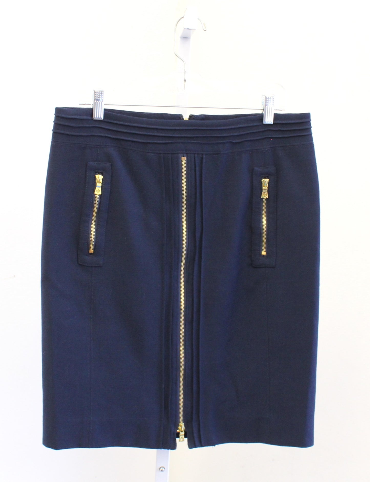 Tory Burch Navy Blue Wool Blend Zipper Accent Pencil Skirt Sz 10 Zip Front Gold