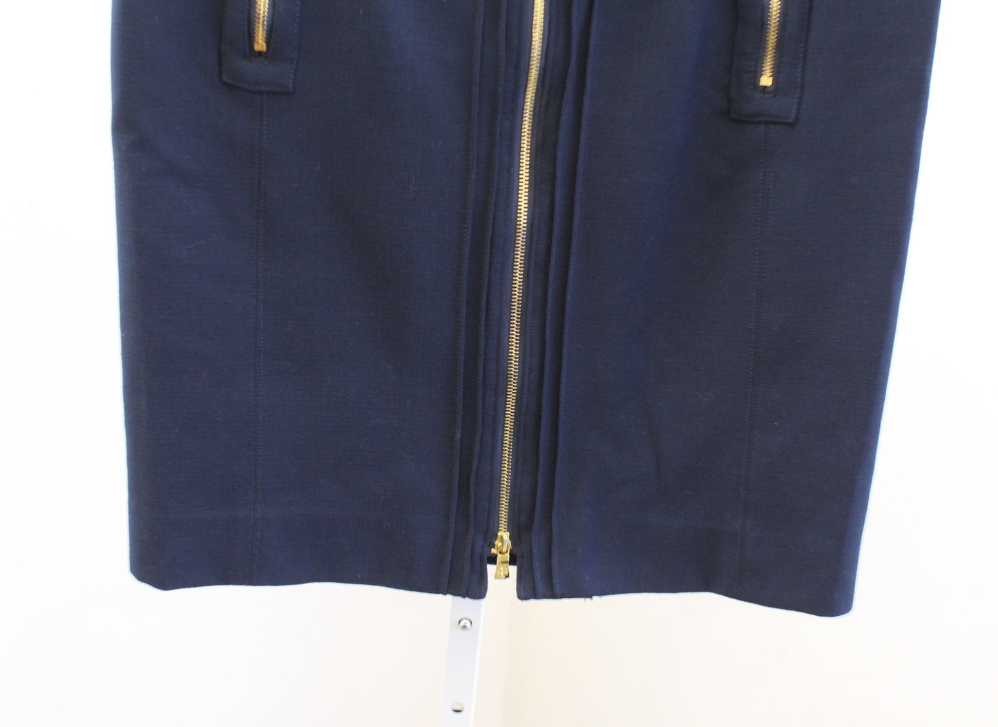 Tory Burch Navy Blue Wool Blend Zipper Accent Pencil Skirt Sz 10 Zip Front Gold