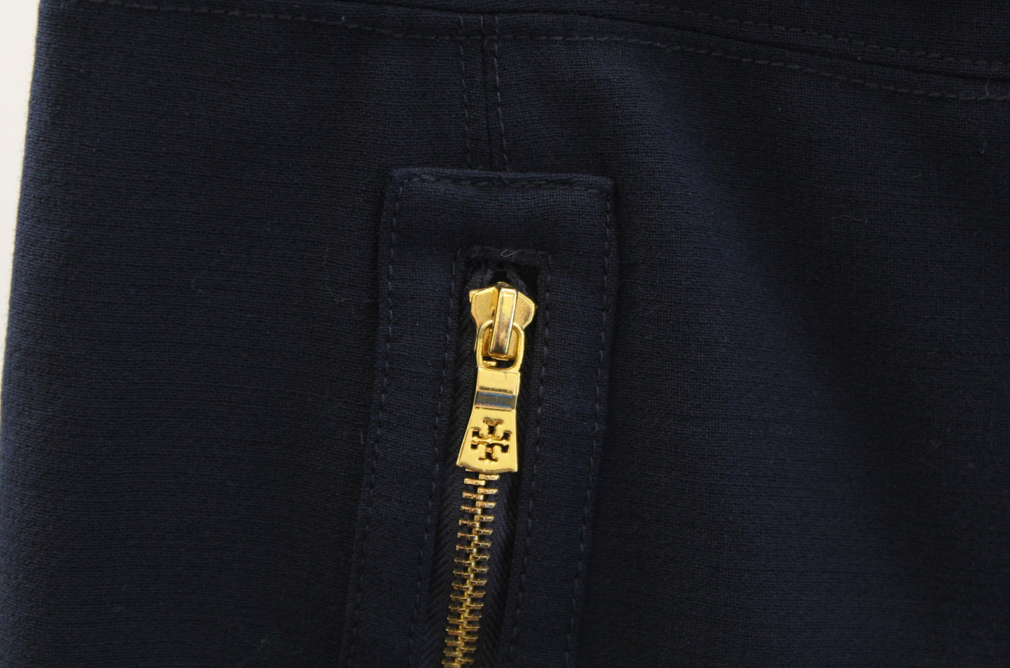 Tory Burch Navy Blue Wool Blend Zipper Accent Pencil Skirt Sz 10 Zip Front Gold