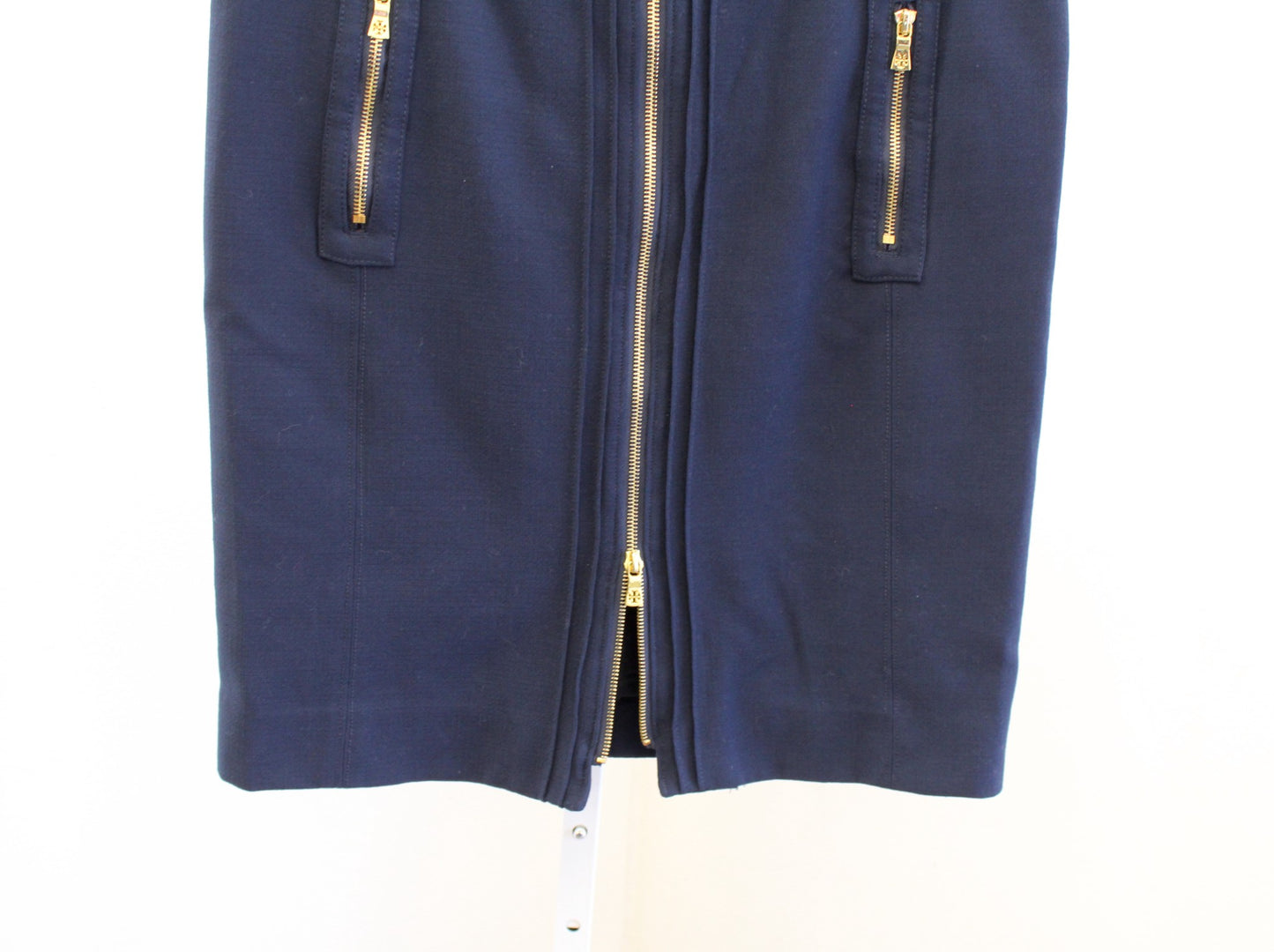 Tory Burch Navy Blue Wool Blend Zipper Accent Pencil Skirt Sz 10 Zip Front Gold
