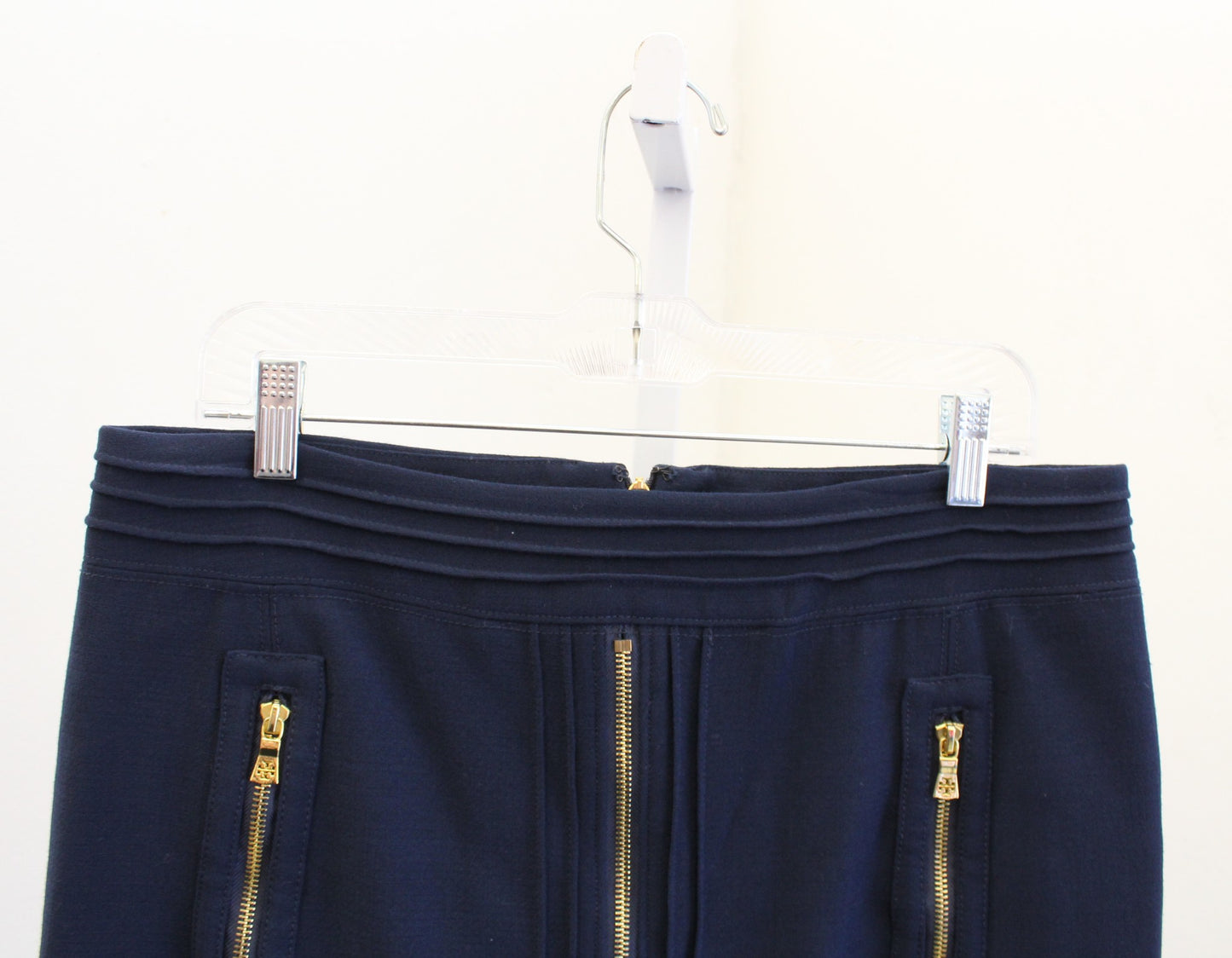 Tory Burch Navy Blue Wool Blend Zipper Accent Pencil Skirt Sz 10 Zip Front Gold