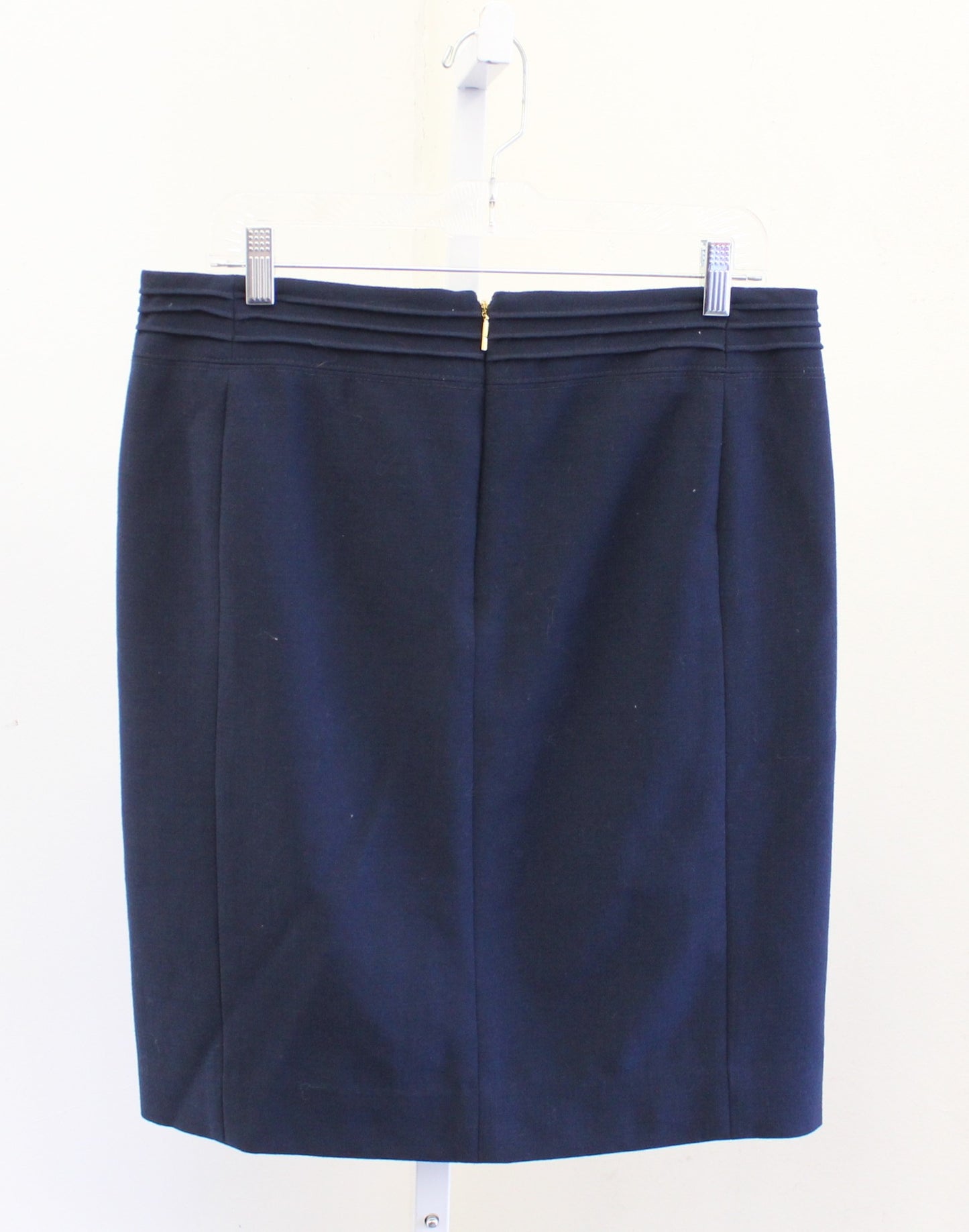 Tory Burch Navy Blue Wool Blend Zipper Accent Pencil Skirt Sz 10 Zip Front Gold