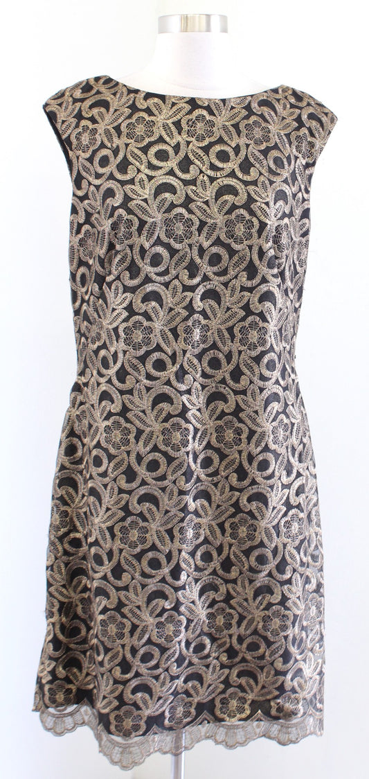 Lauren Ralph Lauren Black Bronze-Gold Floral Embroidered Lace Cocktail Dress 14