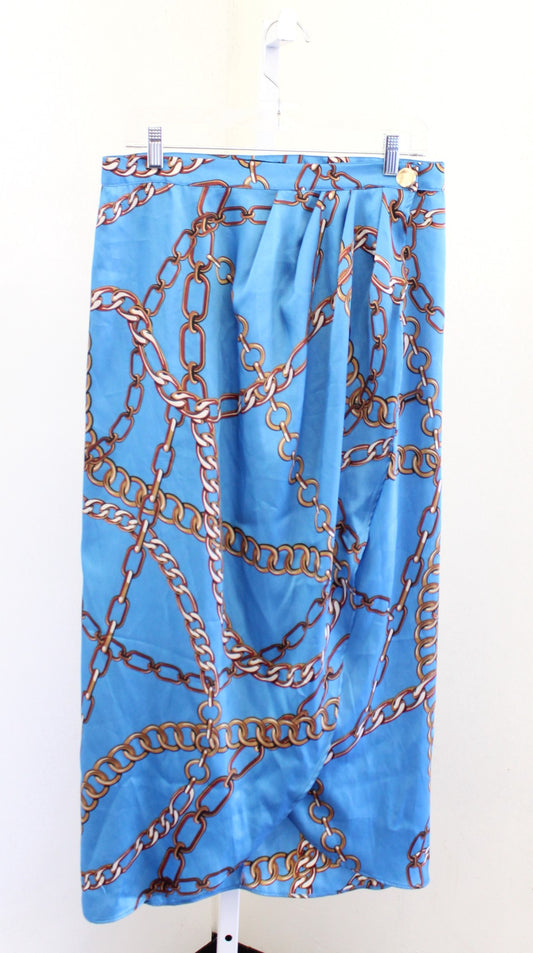 NWT Zara Blue Chain Chainlink Print Wrap Front Pareo Style Maxi Skirt Size XL