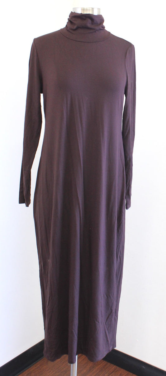 NWT Eileen Fisher Brown Viscose Jersey Knit Scrunch Neck Midi Dress Size S