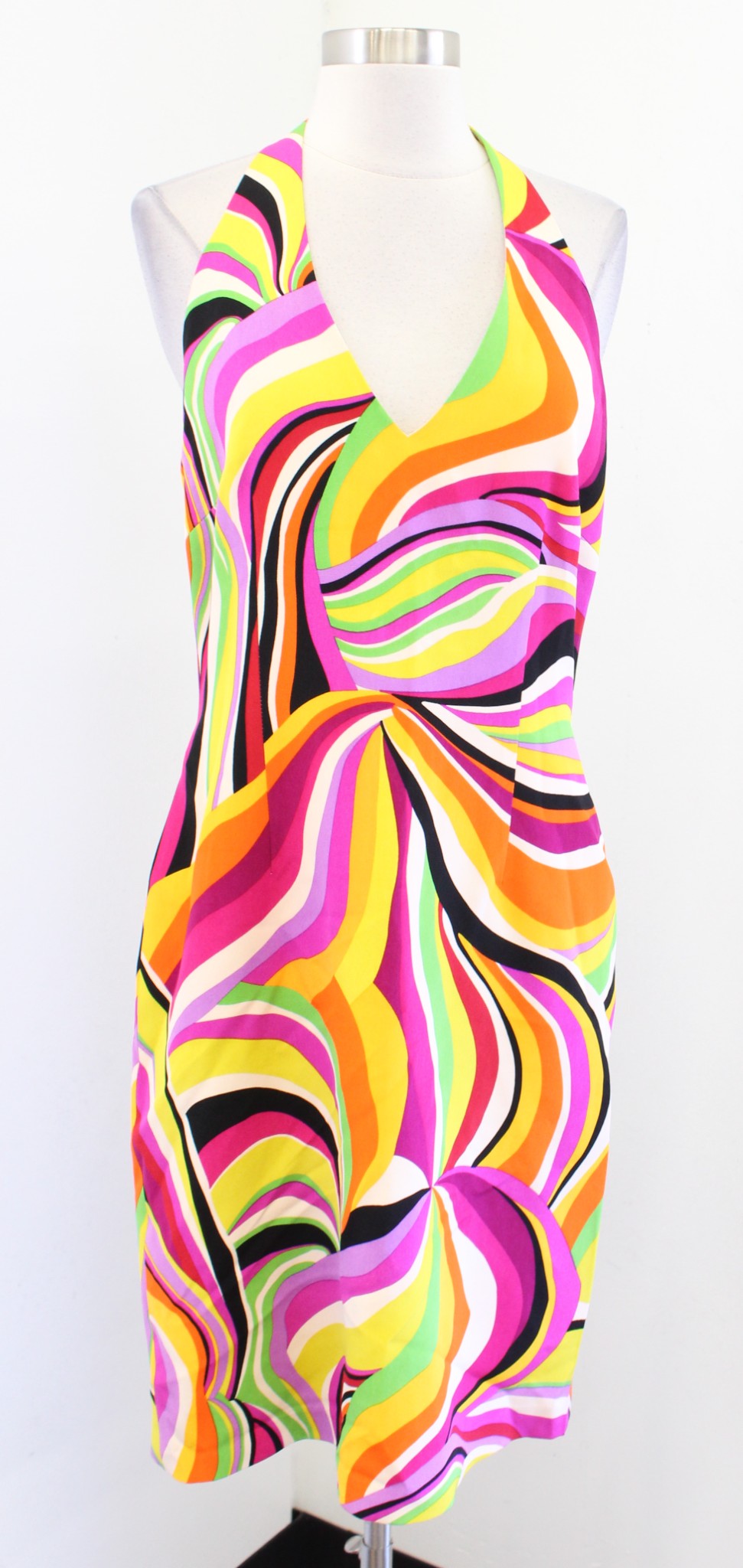 David Meister Colorful Abstract 70s Inspired Silk Halter Dress Size 10 Y2k