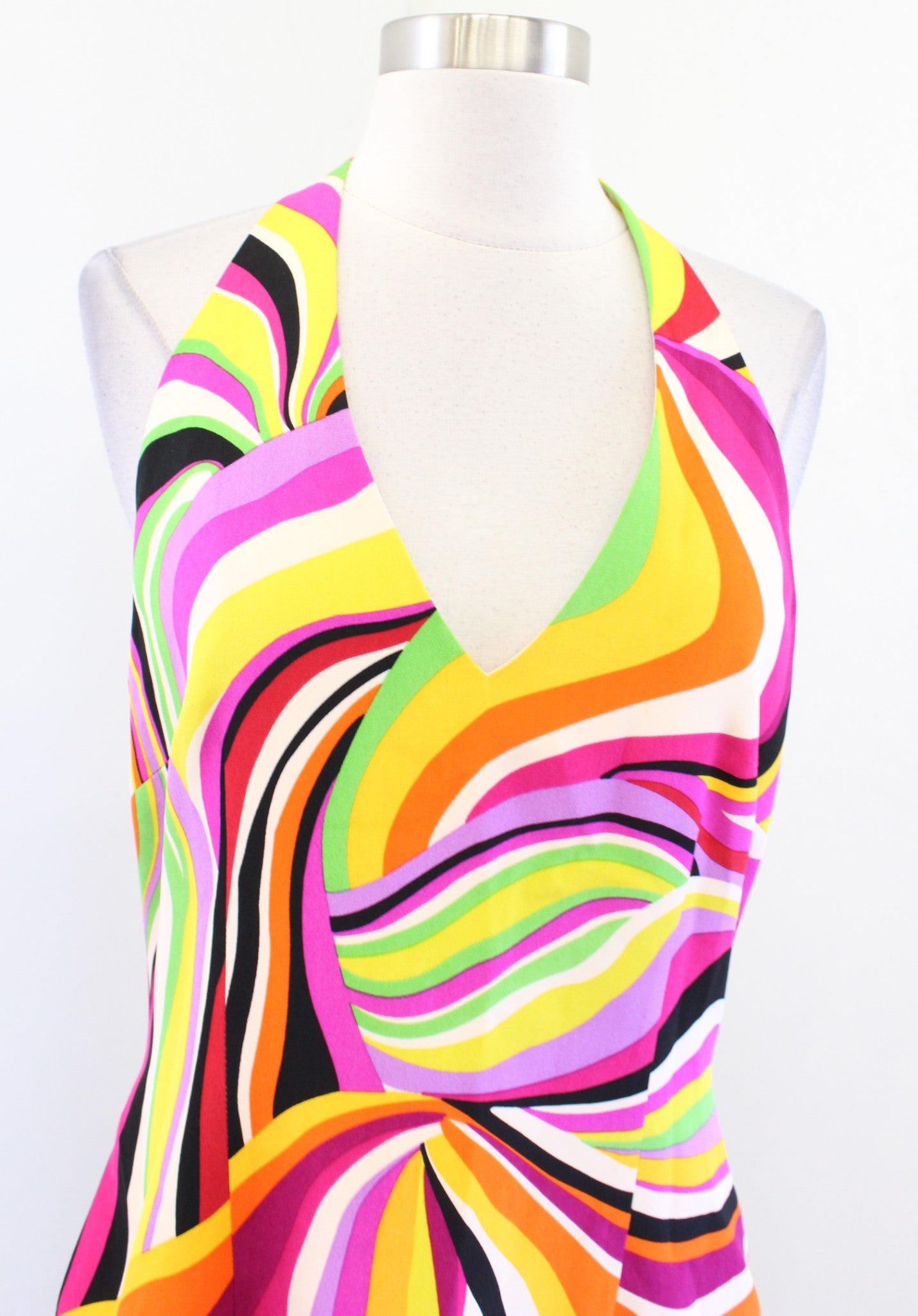 David Meister Colorful Abstract 70s Inspired Silk Halter Dress Size 10 Y2k