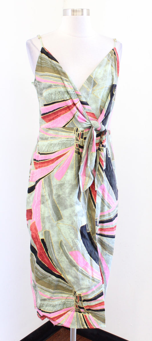 Jason Wu Abstract Printed Linen Blend Faux Wrap Dress Green Sz 6 Tropical Summer