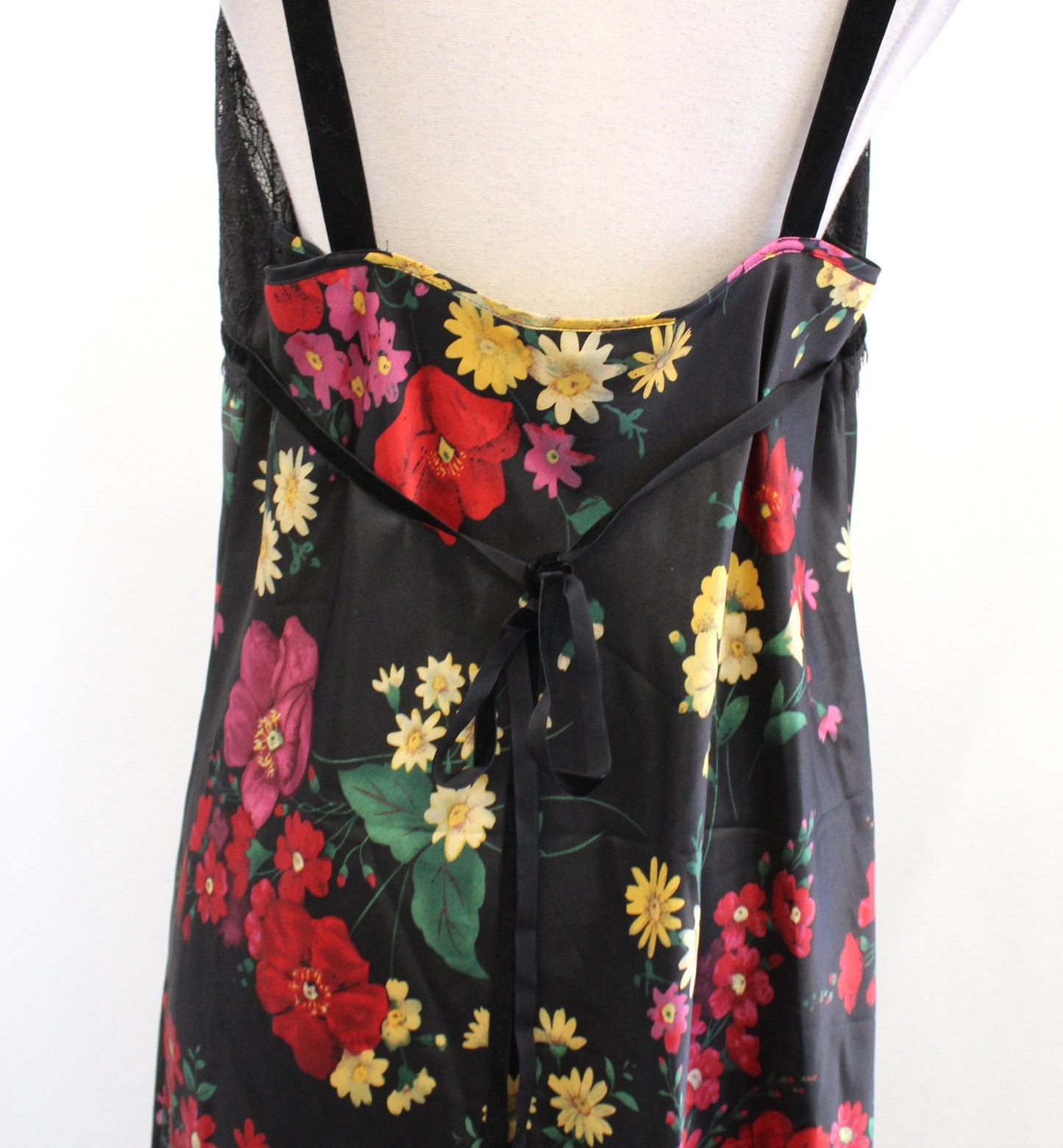 Vtg 2000s Y2k Black Floral Lace Trim Slip Dress Night Gown Size L Whimsygoth Red