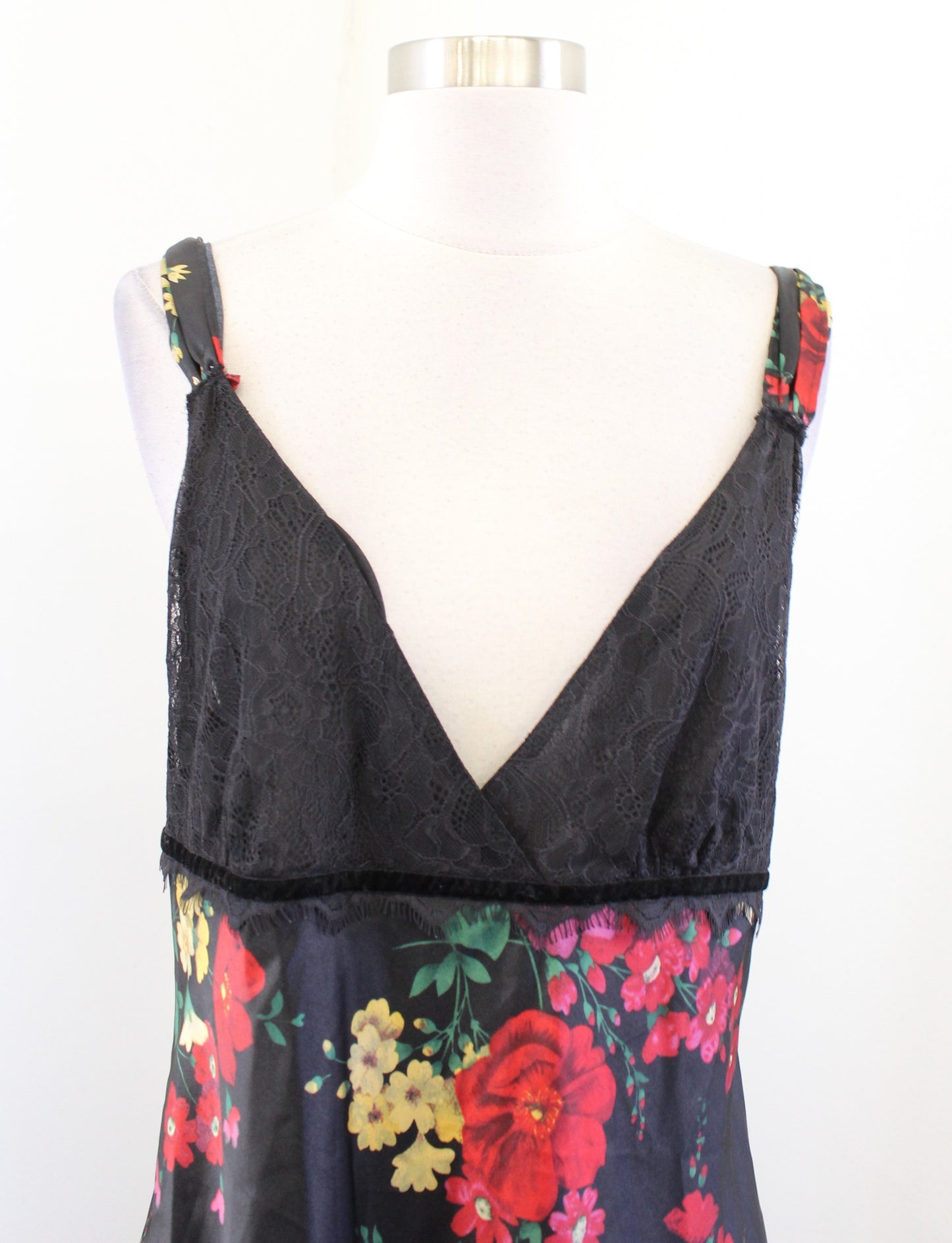 Vtg 2000s Y2k Black Floral Lace Trim Slip Dress Night Gown Size L Whimsygoth Red