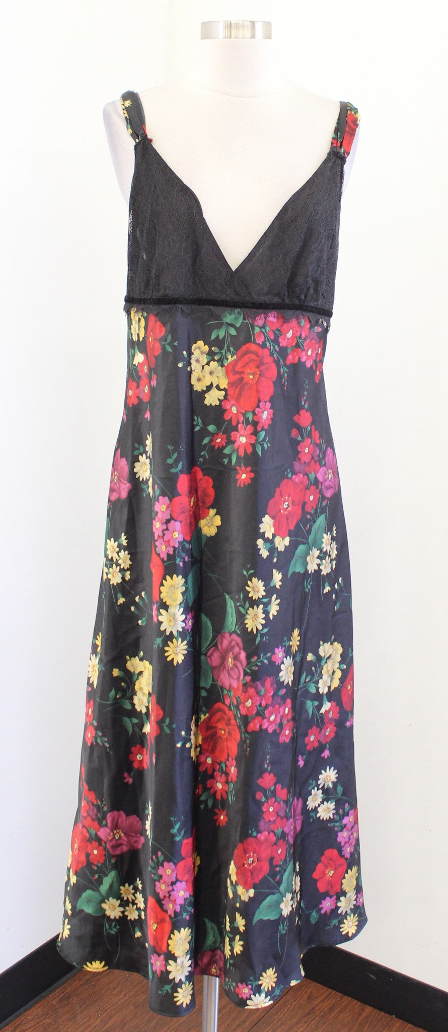 Vtg 2000s Y2k Black Floral Lace Trim Slip Dress Night Gown Size L Whimsygoth Red