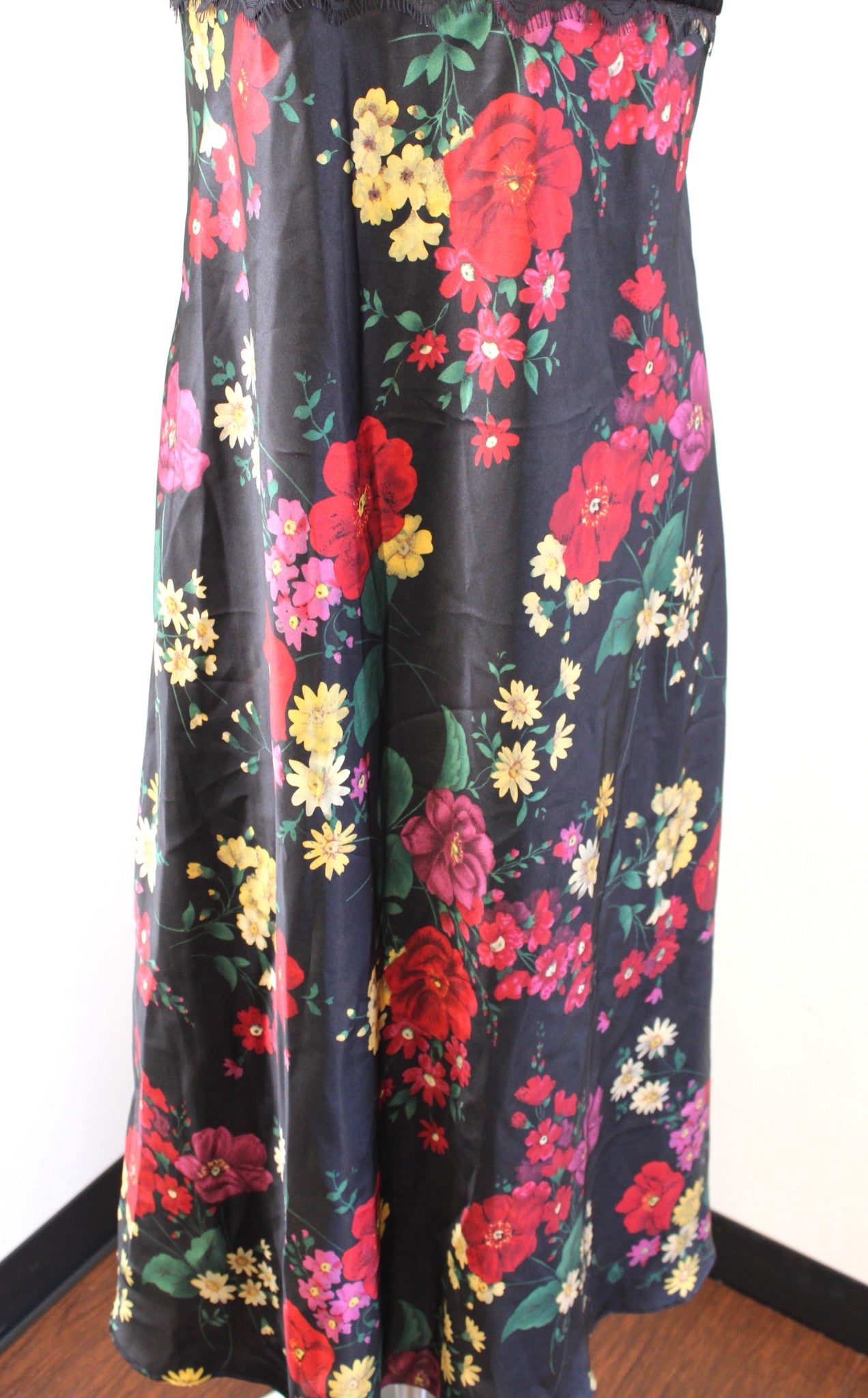 Vtg 2000s Y2k Black Floral Lace Trim Slip Dress Night Gown Size L Whimsygoth Red