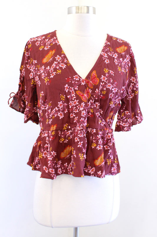 NWT Madewell Tie Sleeve Wrap Top Peplum Blouse Butterfly Sanctuary Floral Sz 6P