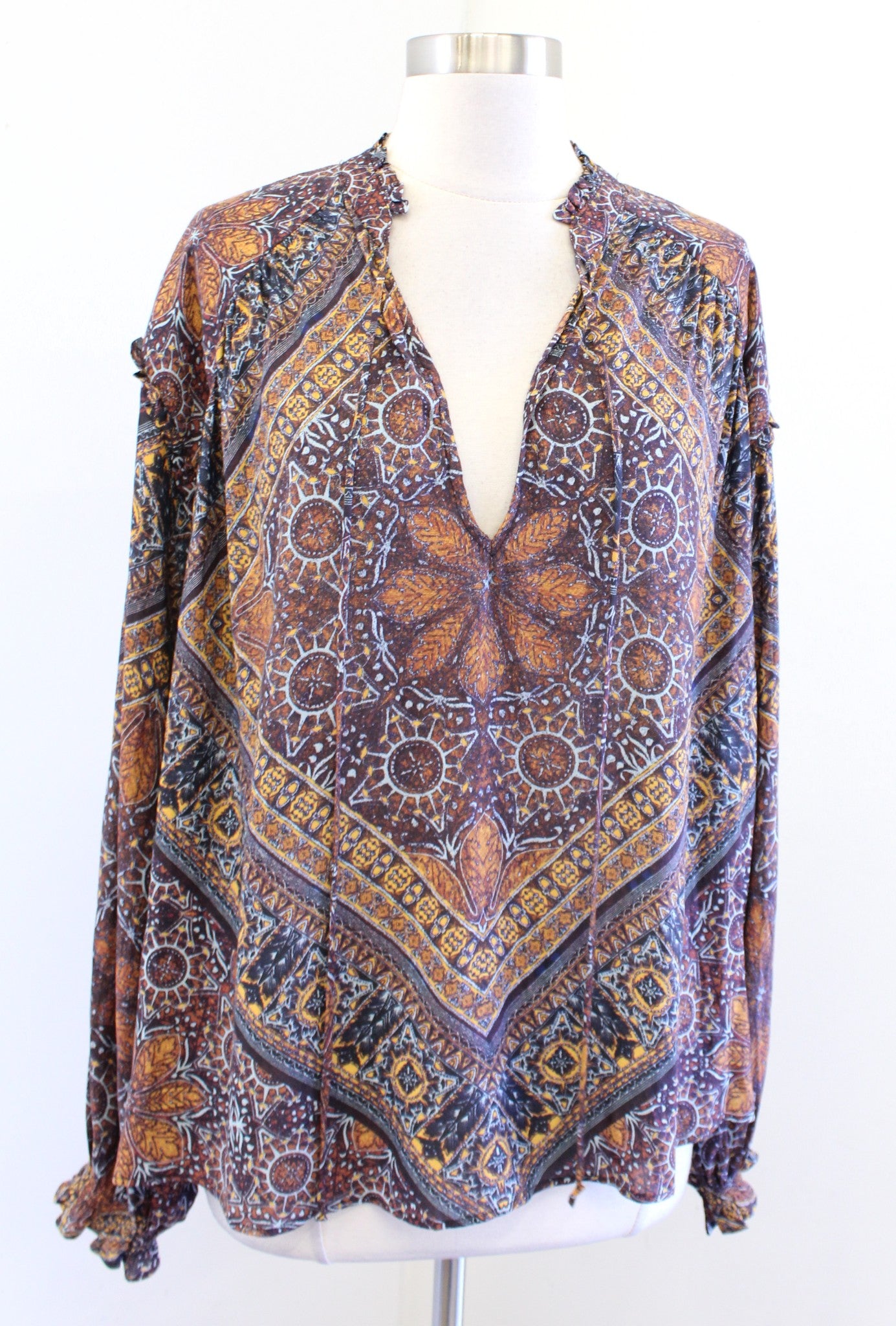 NWT Free People Little Runaway Geometric Medallion Print Top Blouse Size M Long Sleeve