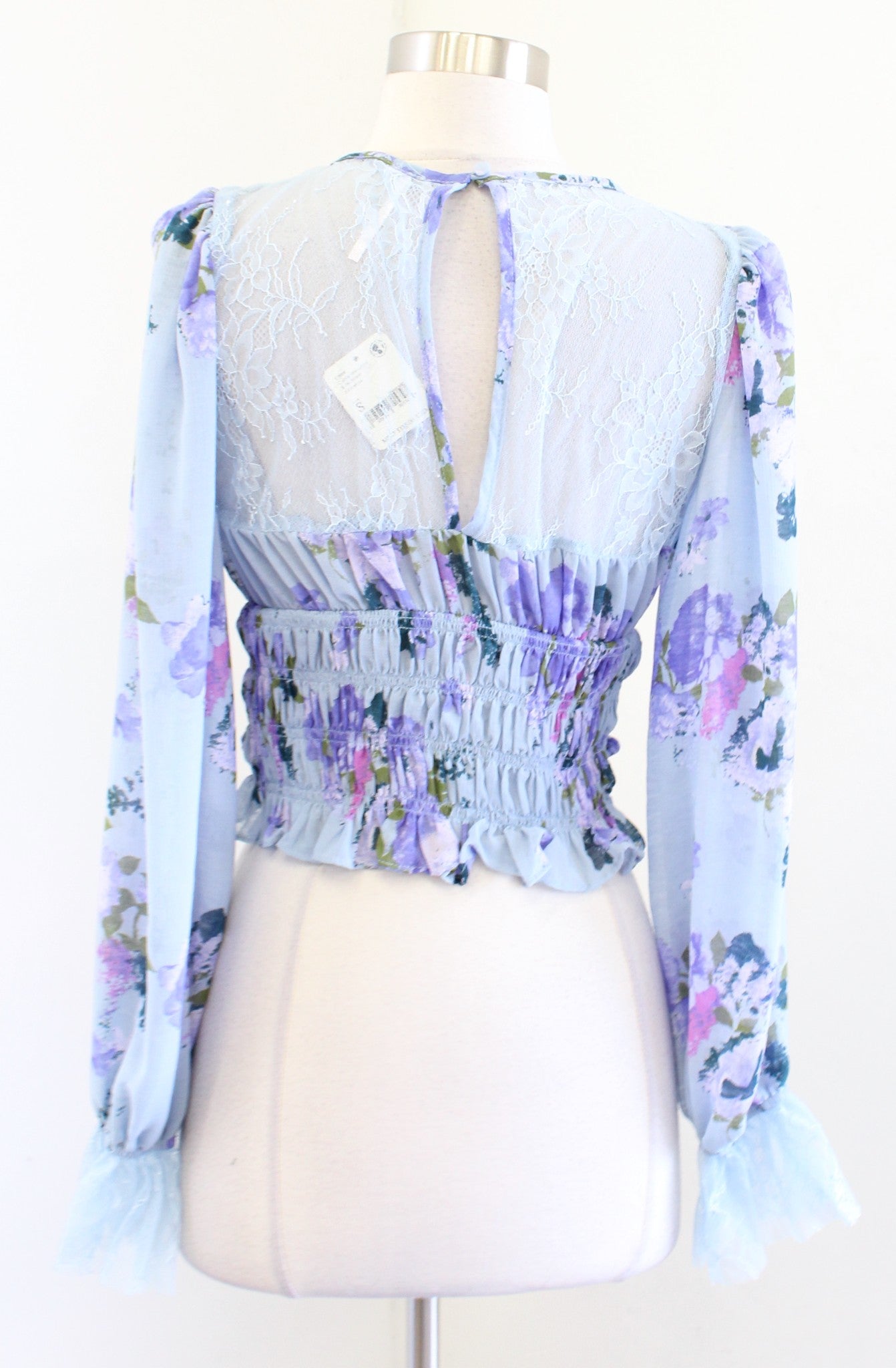 NWT Free People Daphne Blue Floral Lace Smocked Top Blouse Size S Cropped Boho