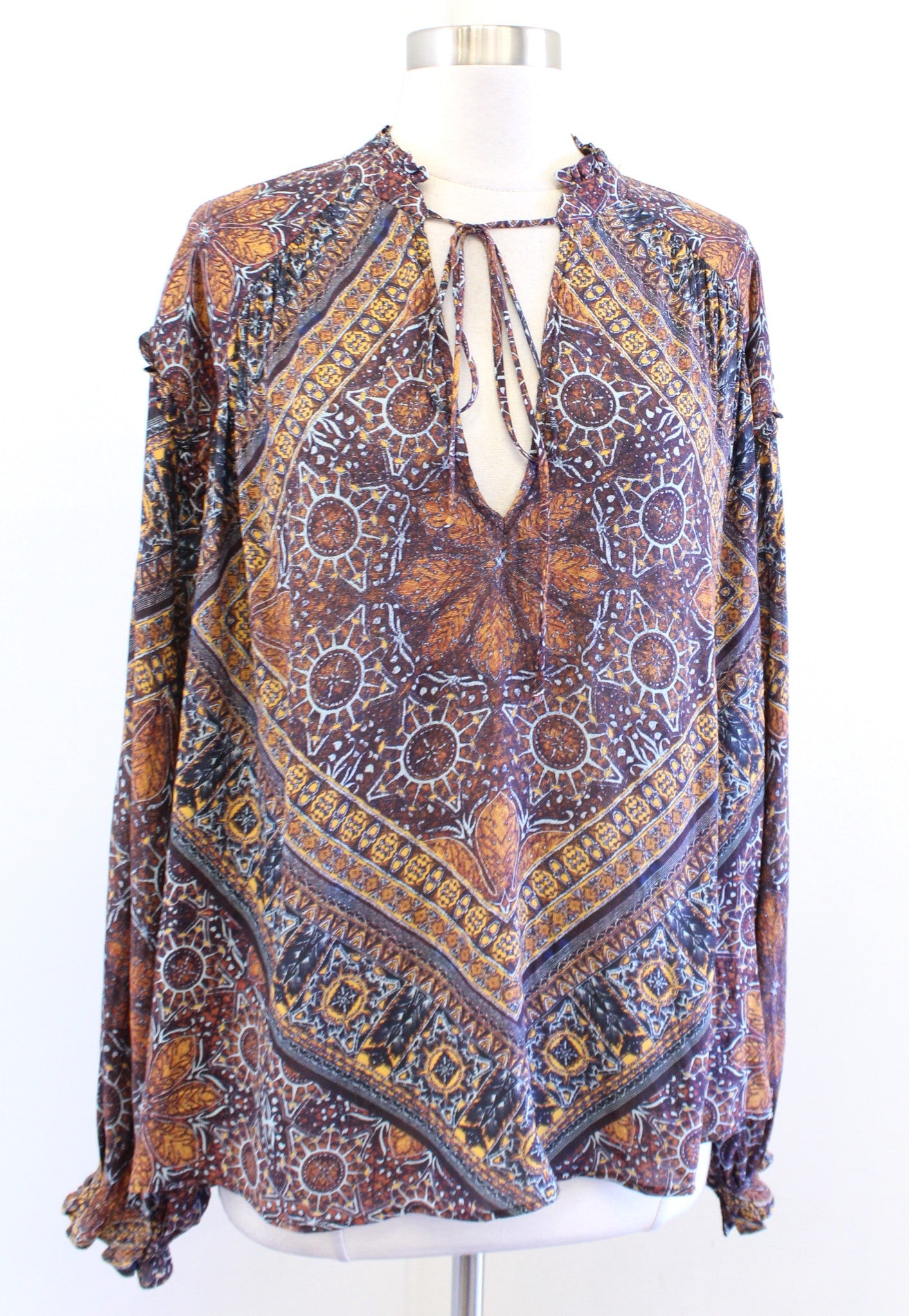 NWT Free People Little Runaway Geometric Medallion Print Top Blouse Size M Long Sleeve