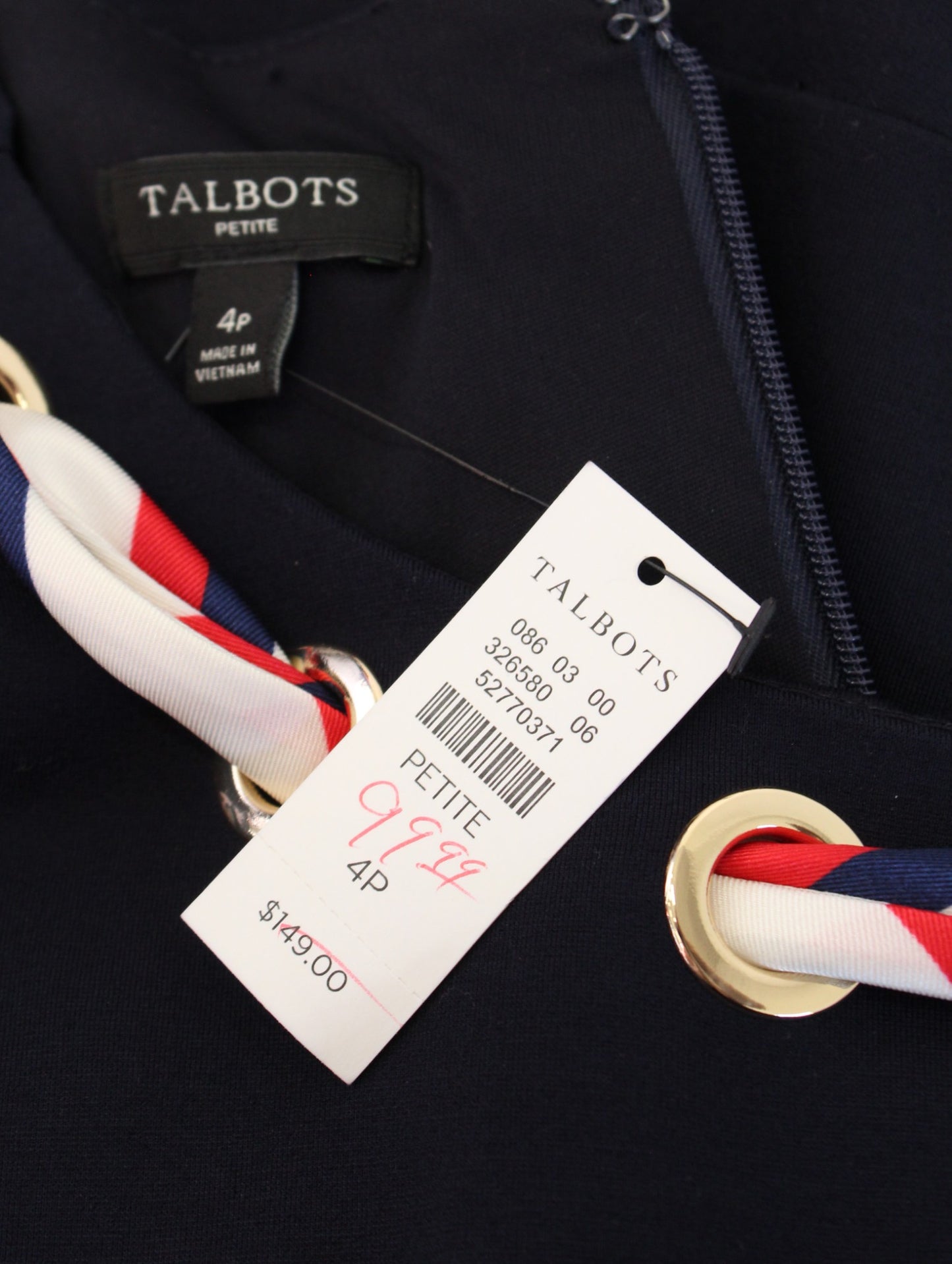 NWT Talbots Navy Blue Ponte Fit and Flare Scarf Neck Trim Dress Size 4P Nautical