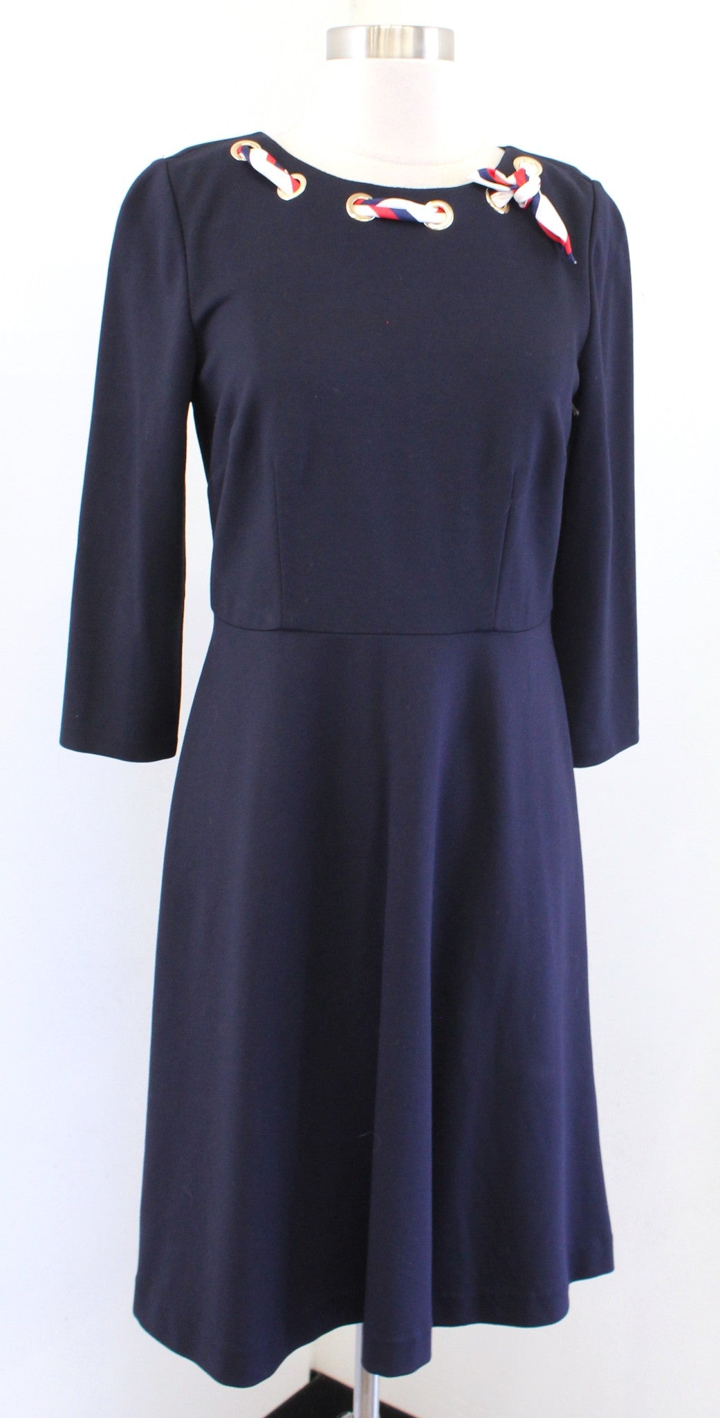 NWT Talbots Navy Blue Ponte Fit and Flare Scarf Neck Trim Dress Size 4P Nautical