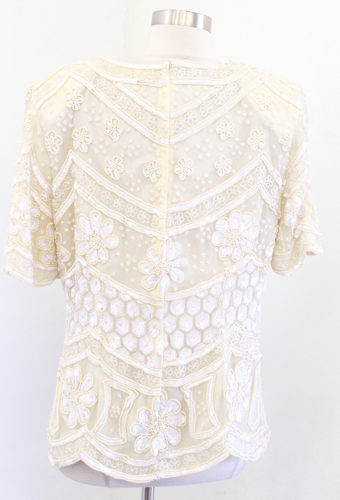 Vtg Cream Beige Pearl Floral Silk Beaded Sequin Evening Party Top Blouse Size L