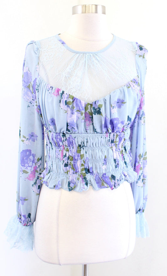 NWT Free People Daphne Blue Floral Lace Smocked Top Blouse Size S Cropped Boho